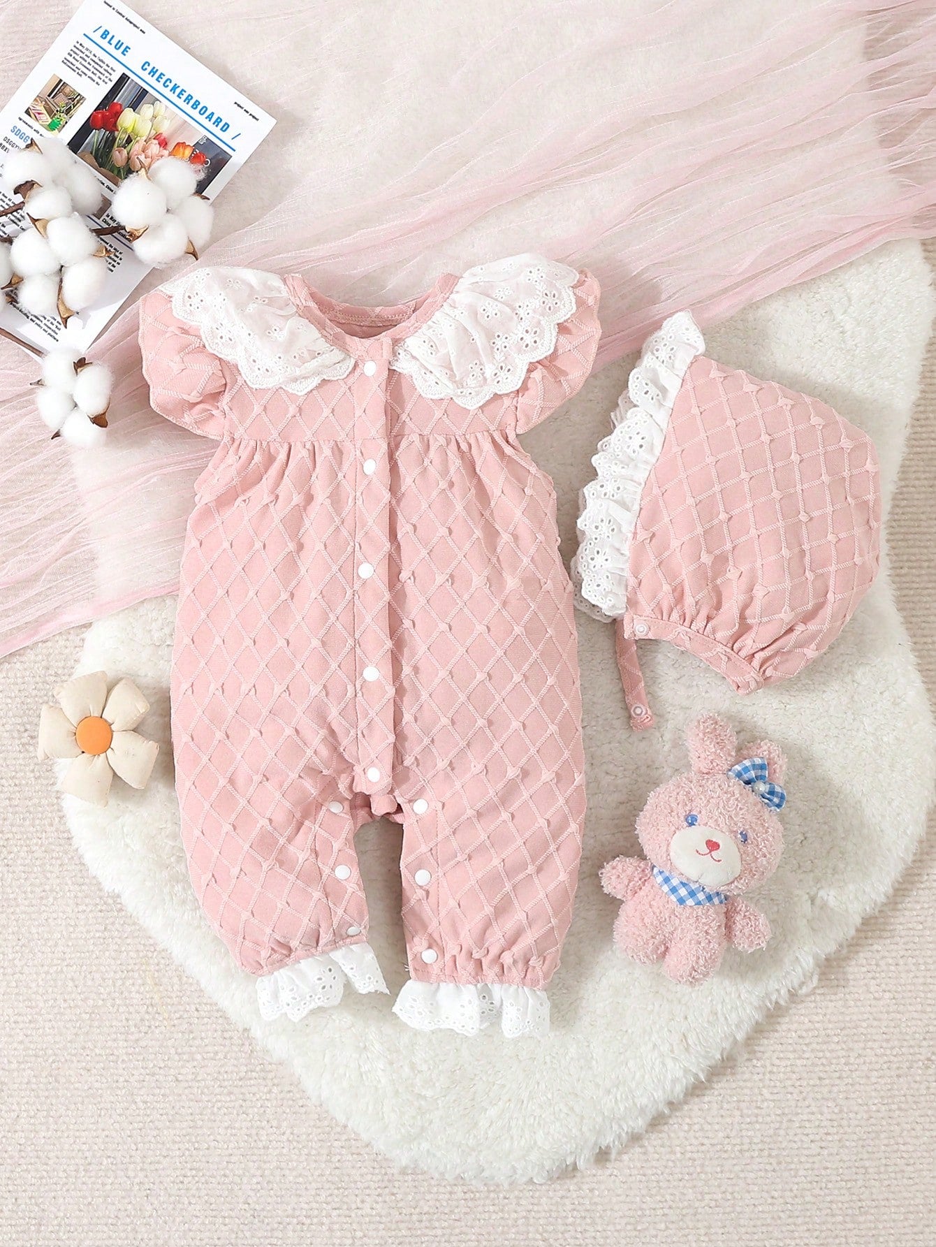 Baby Girls' Pink Simple Style Short Sleeve Long Jumpsuit With White Lace Edge For Home-Wear