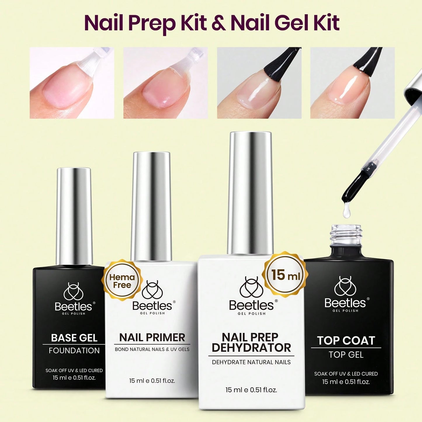 Beetles 2Pcs 15ml Acid-Free HEMA-Free Nail Dehydrator & Primer, Long-Lasting Bond Prep For Gel & Acrylic Nails