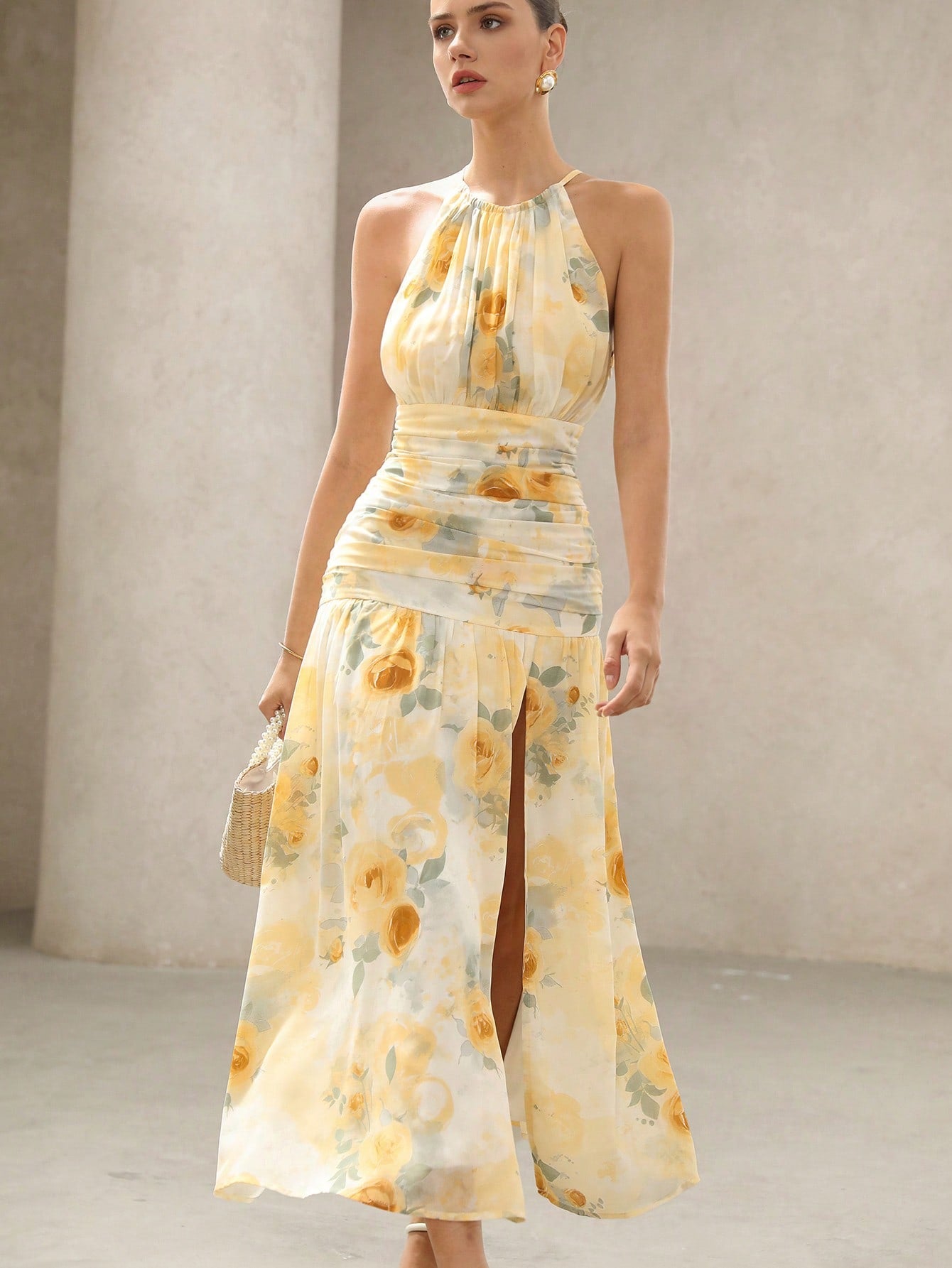 BELROSIE Vacation Versatile Romantic Elegant Floral Draped Asymmetric Sleeveless Dress Sexy Backless Boho Beach Fashionable Style For Summer