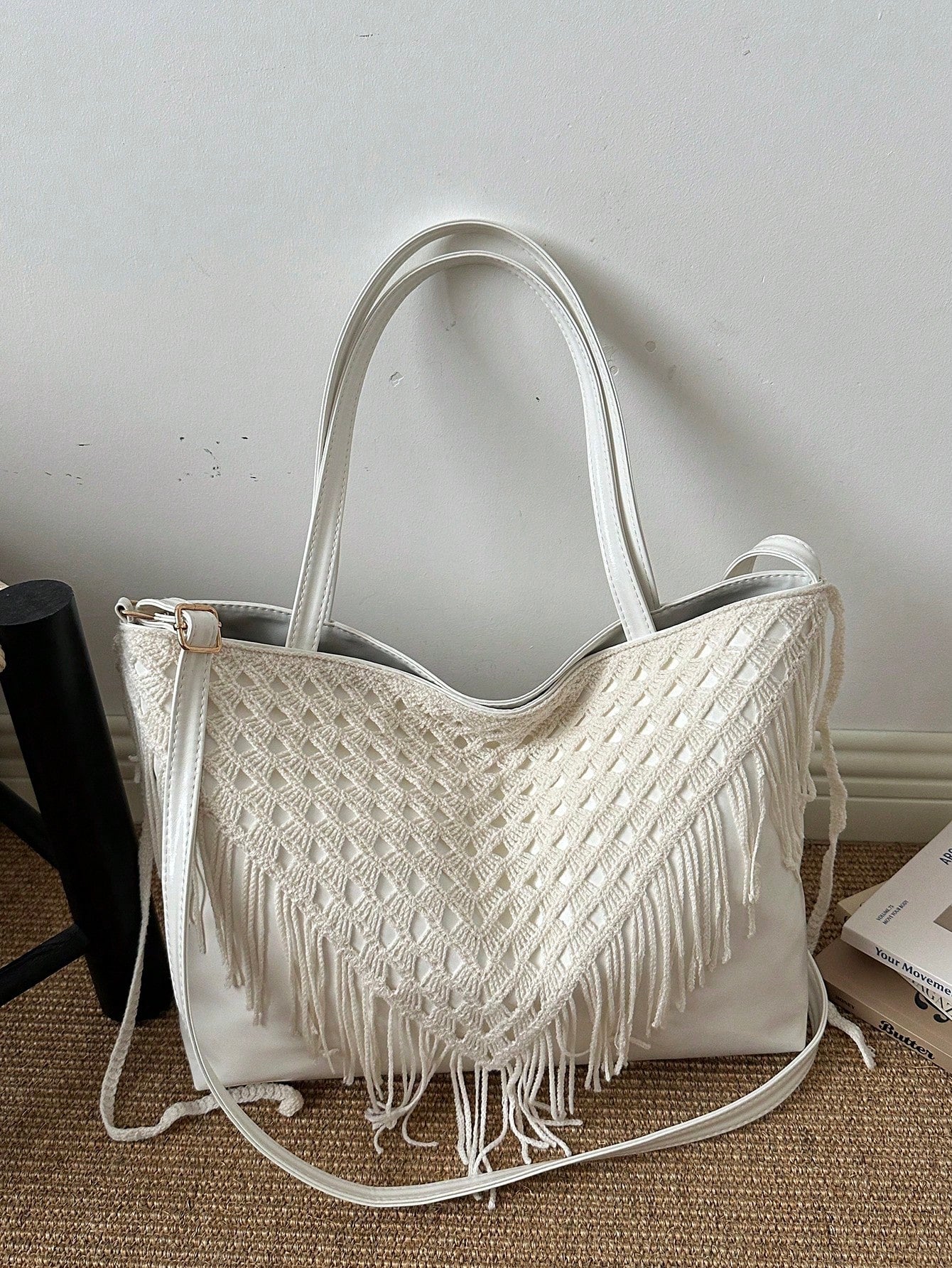 Bohemian Hollow Woven Tassel Tote Bag For Women, Large Capacity Handbag, Versatile Shoulder Crossbody Commuter Bag