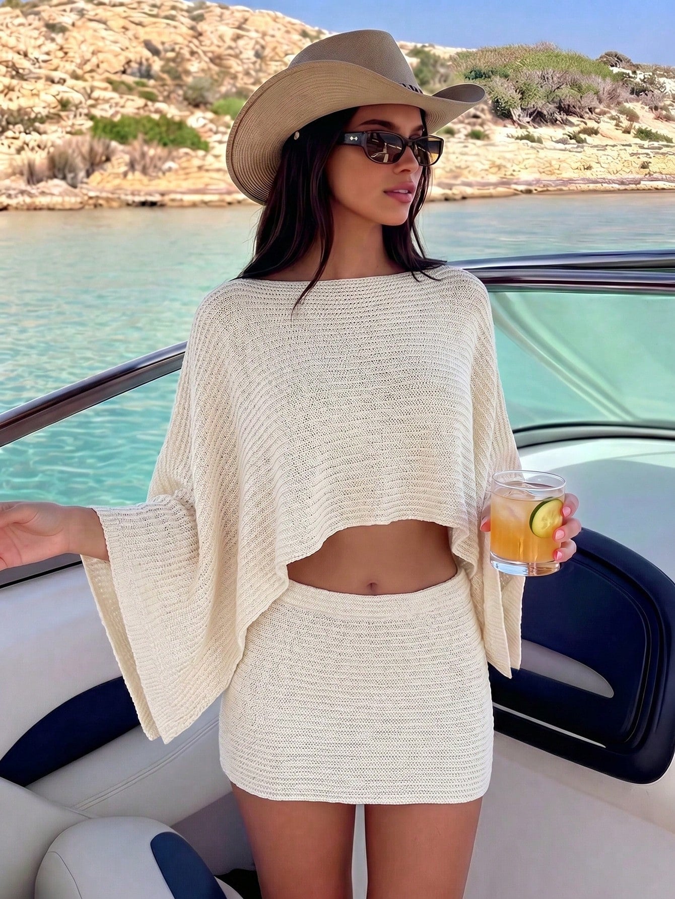 Bonvoyette Swim Chiccia Summer Women's 2-Piece Y2K Sexy Oversized Off-Shoulder Long Sleeve Top And Fitted Low-Waist Mini Skirt, New Cross-Border Elegant Bohemian Vintage Striped Batwing Sleeve Crop To
