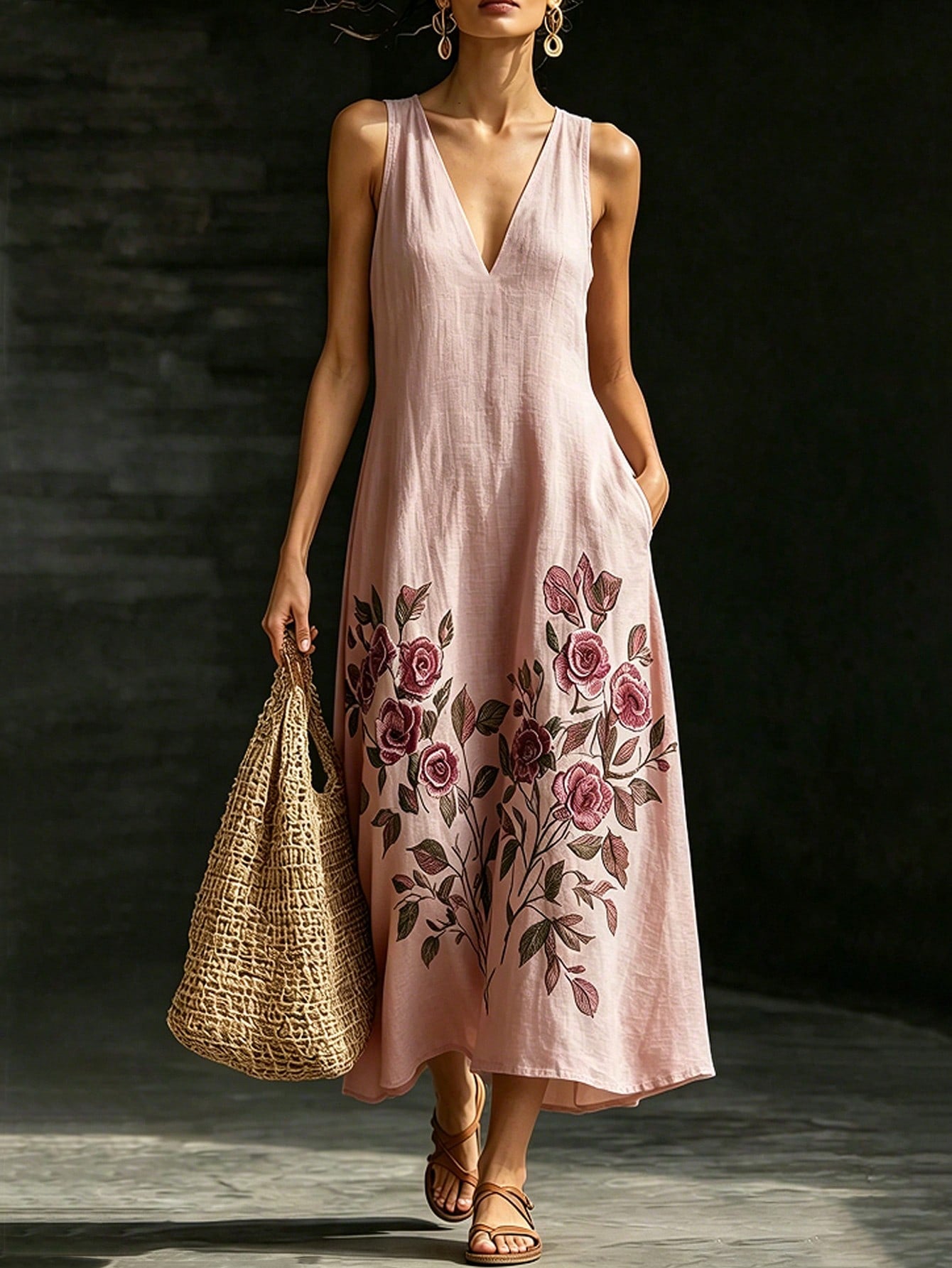 Breezaya Pink Fabric Printed V-Neck Pocket Fit & Flare Women's Sleeveless Dress, Pink Dress, Women's Holiday Dress, Vacation Outfit