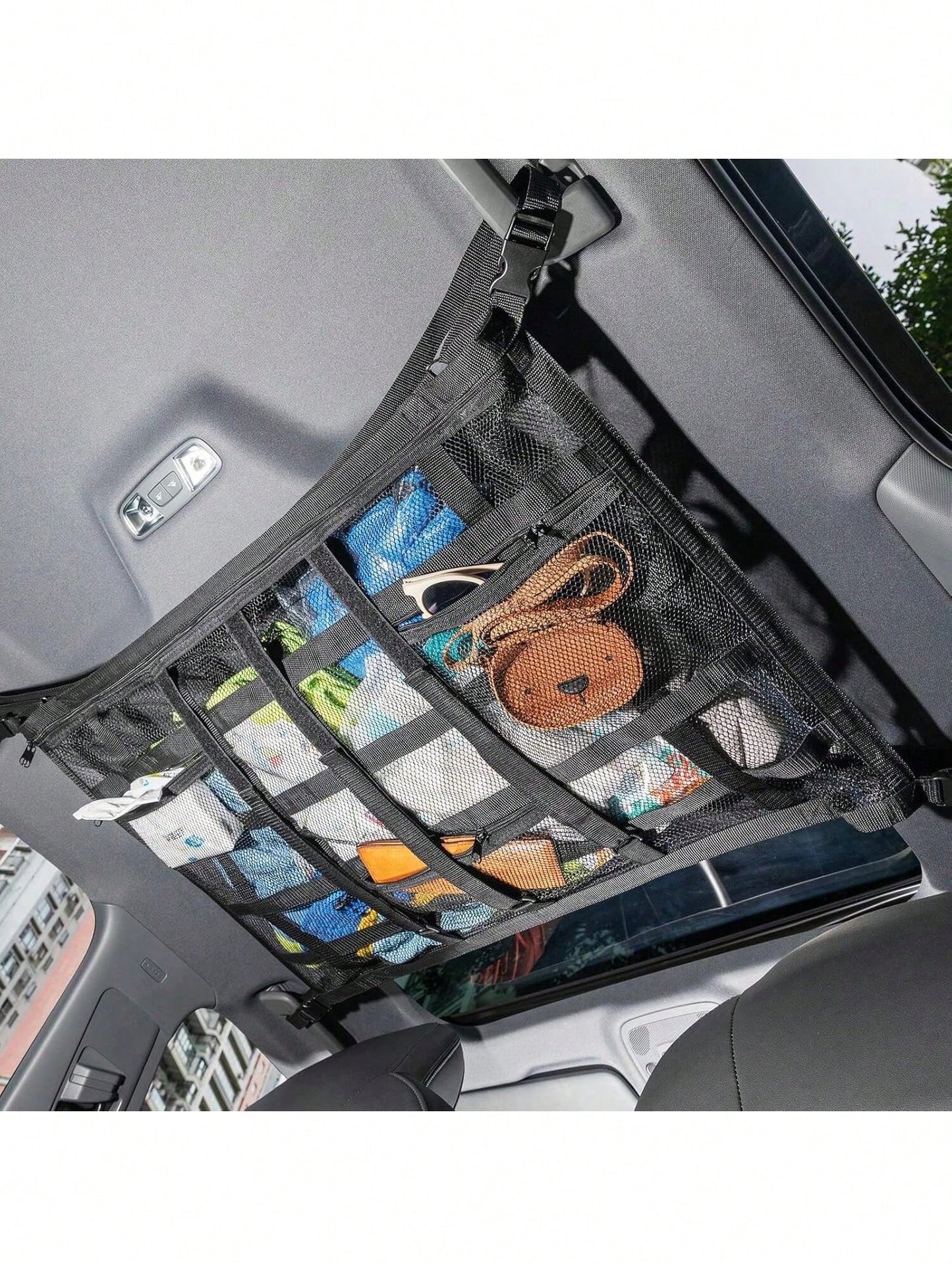 Car Overhead Mesh Storage Net For SUV Ceiling, 3 Reinforced Hook-Loop Straps & 3 Extra Pockets For Tissue Glasses Wallet, Quick No-Drill Hanging Interior Organizer, Road Trip Car Camping Essential 66C