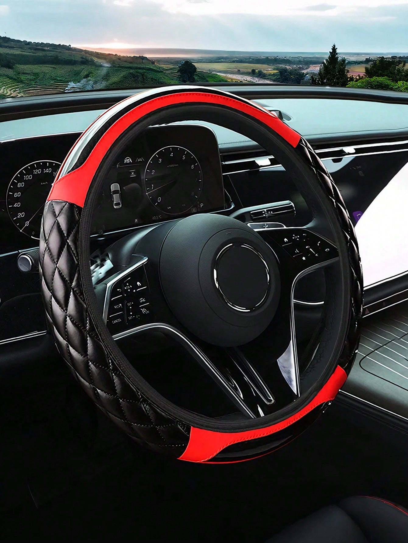 Carbon Fiber Leather Steering Wheel Cover, Soft PU Leather, Diamond Quilting, Contrast Stitching, Soft Grip With Anti-Slip Lining, Fits 14.5-15 Inch Steering Wheel, Sports Car Interior Accessory