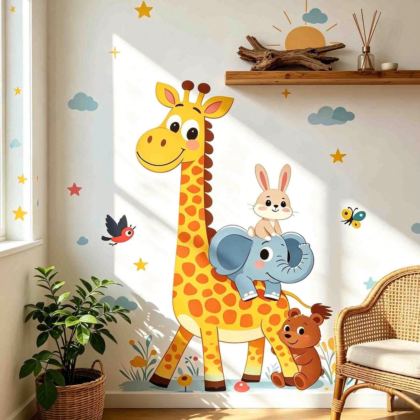 Cartoon Giraffe Sun Cloud Wall Decal For Children's Rooms And Kindergartens, Self-Adhesive Decorative Wall Sticker.