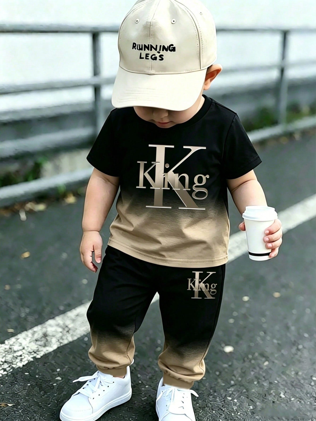 Casual Colorful Striped Contrast Cute Animal Number Letter Print Short Sleeve Crew Neck T-Shirt And Matching Print Cuffed Khaki Long