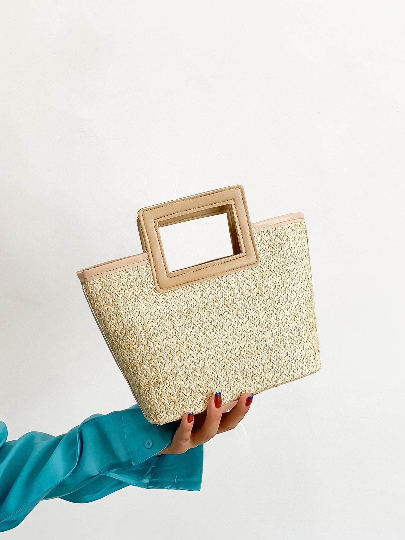 Casual Solid Color Contrast Binding Double Handle Straw Bag, For Women, Rookies & White-Collar Workers,For Lady,For Female Portable For Business/Commute/Work/Office,For Festivals/Vacation/Holiday,For