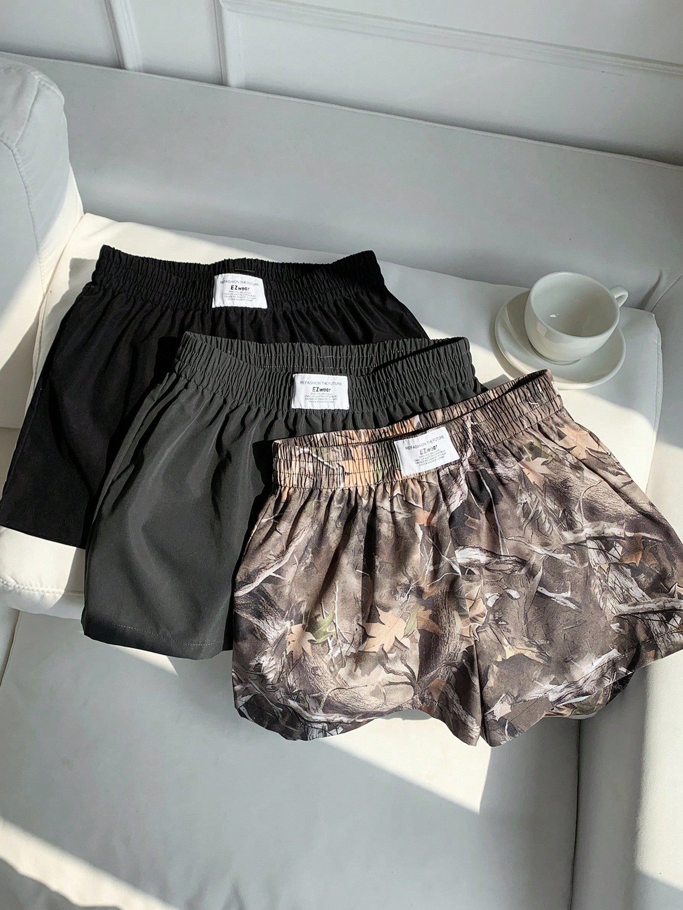 Comfortcana 3pcs Women's Casual Athletic Shorts In Woven Fabric Shorts Pack Camo Print Workout Black Grey Bottomland Camo Summer