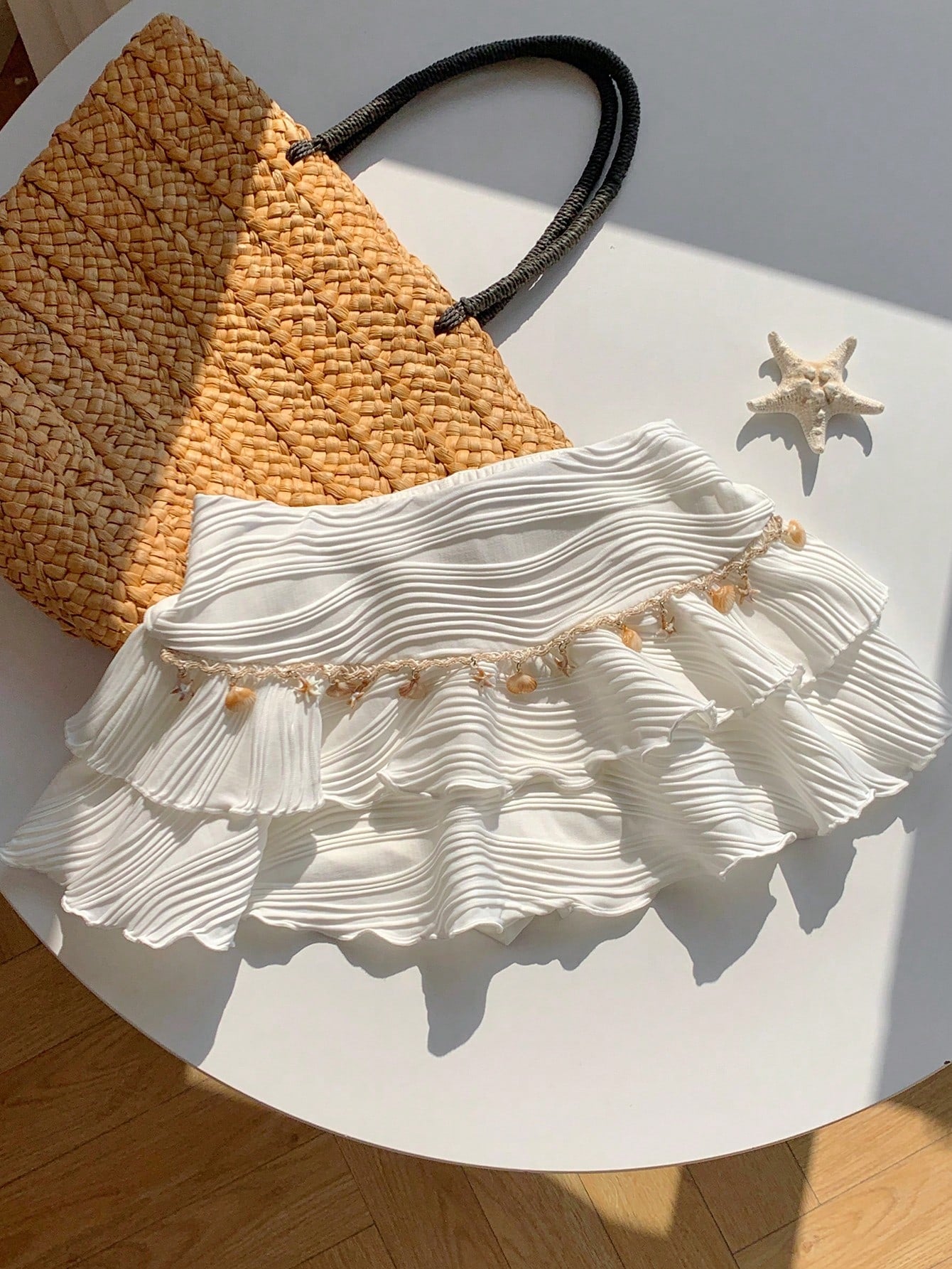 Comfortcana White Summer Boho Beach Vacation Holiday Women's Double Layered Cake Skirt,Textured Fabric Ruffle Skirts With Ocean Chain,Elegant Party