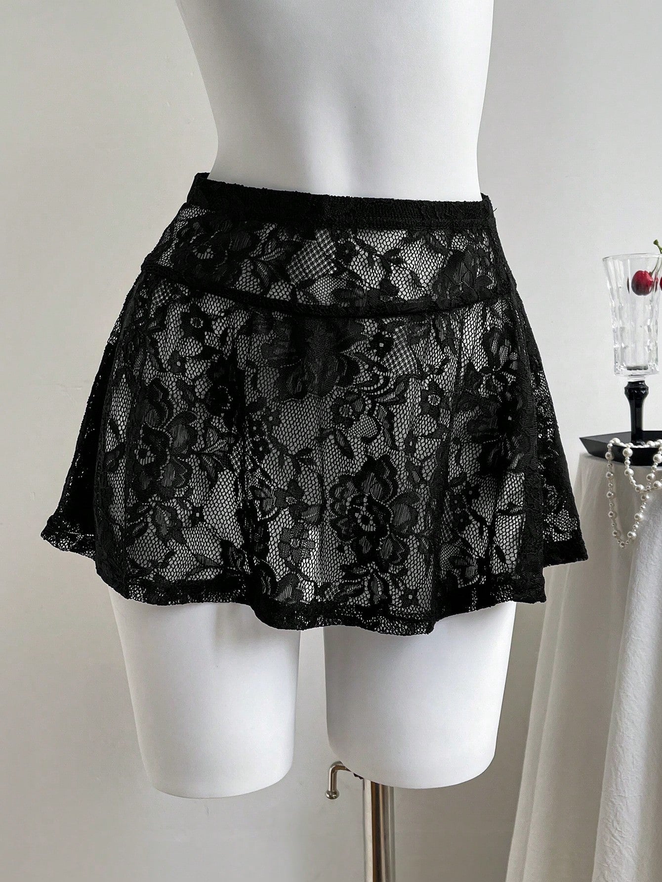 Comfortcana Women's Black Lace Mini Skirt: Casual Disco Sexy Flowy Semi-Sheer Knitted Skirt With Ruffle Hem Detail Party Night Summer