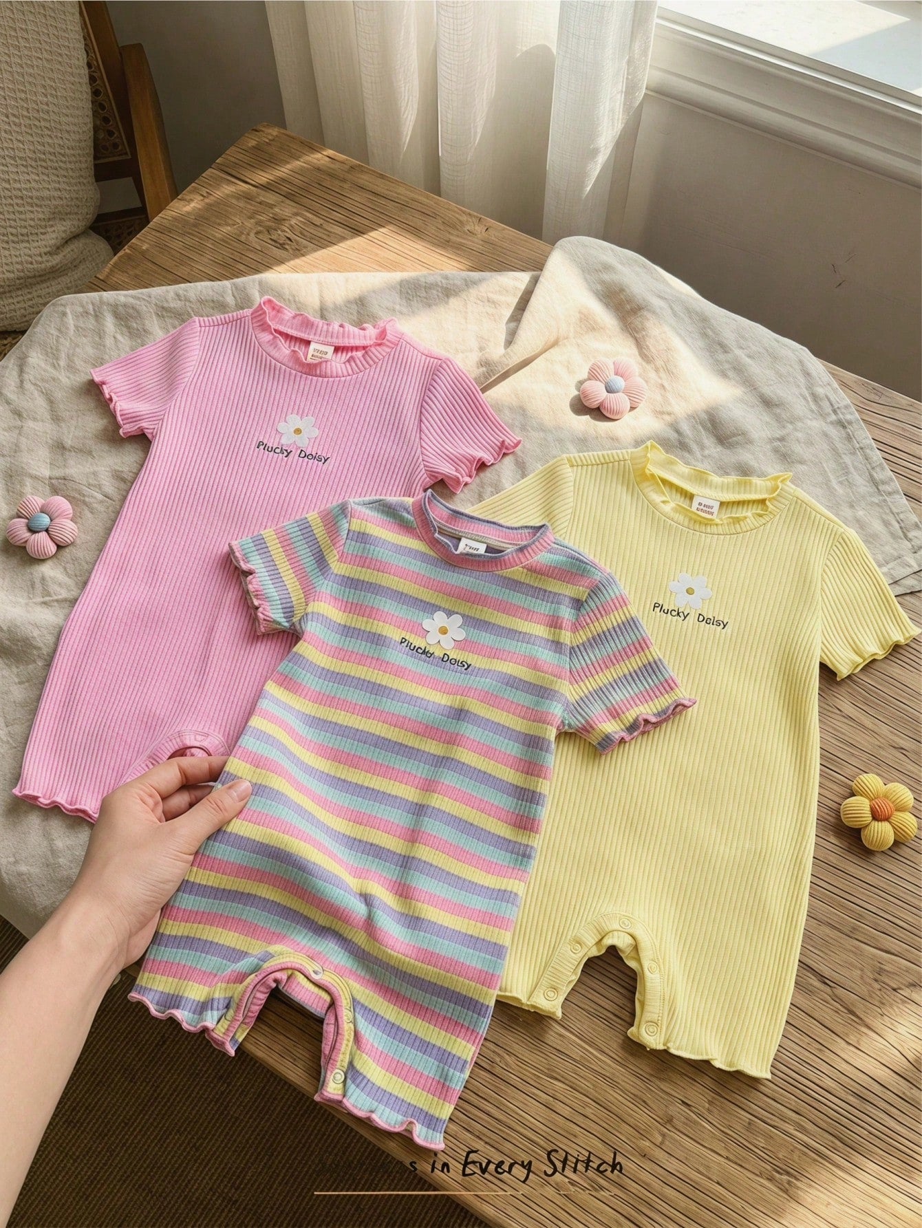 Cozy Pixies 3pcs Baby Girl Floral & Striped Knit Soft Round Neck Short Sleeve Romper & Shorts Set