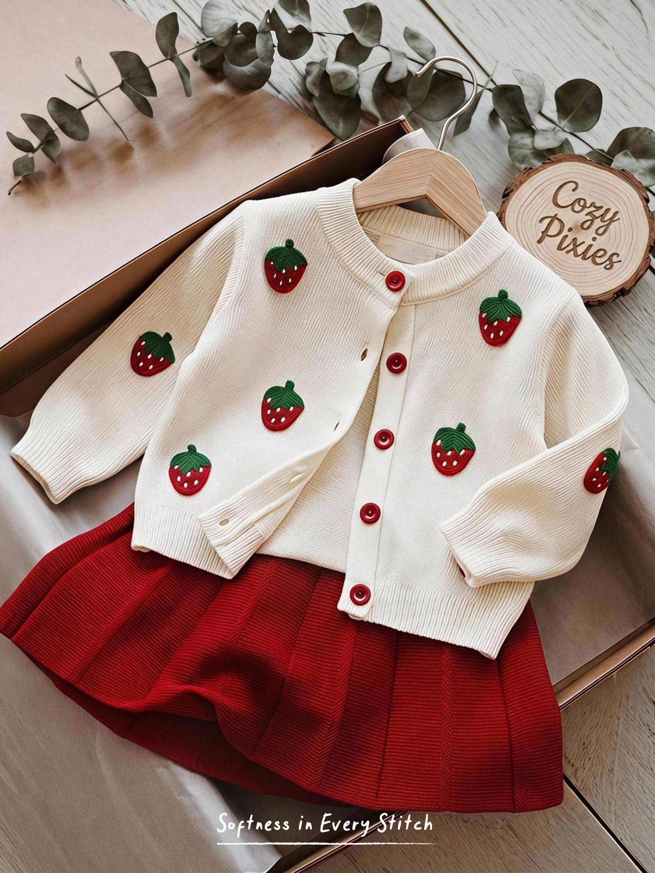 Cozy Pixies Baby Girls Sweater Co-Ords Knitted Strawberry Cardigan Red Fabric Button Matching Red Skirt Cute & Playful Suitable For Autumn/Winter Baby Girl Dopamine Style