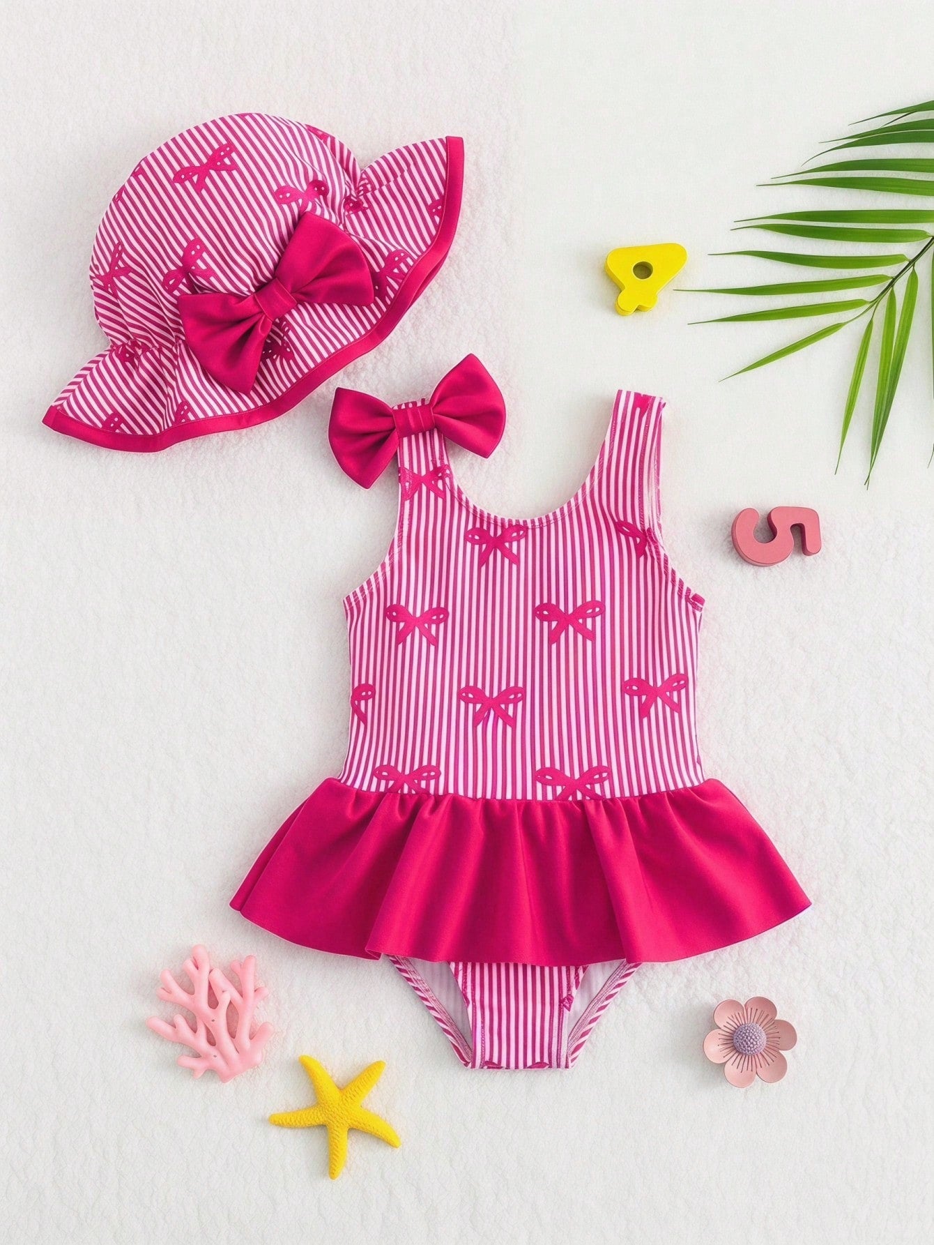 Cute Baby Girl Patterned Tank Top Swimsuit With Hat,Holiday Simple Casual Adorable Infant Swimwear,Perfect For Outings,Vacations,Spring/Summer Outfits