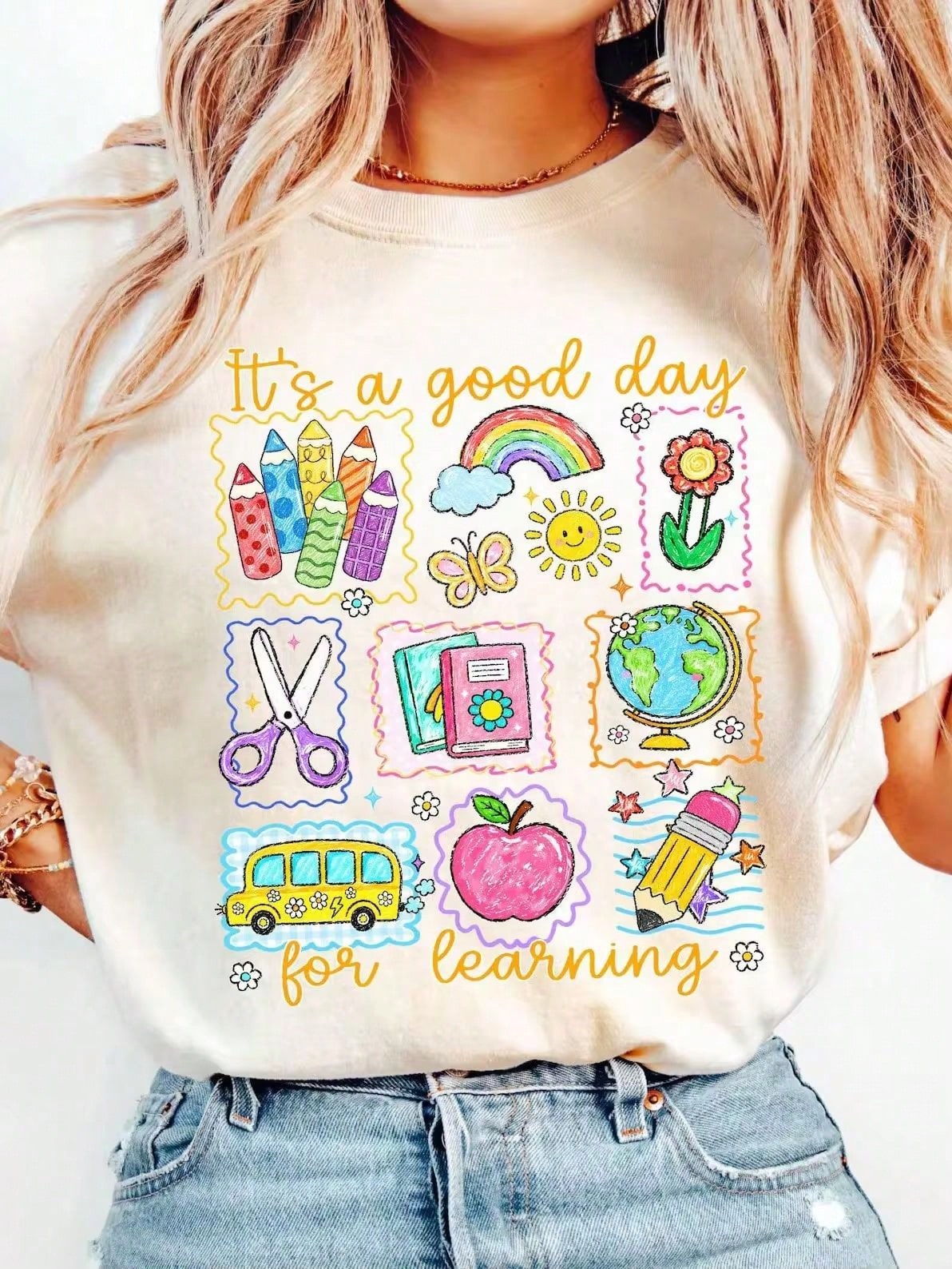 Cute Good Day For Learning Teacher T-Shirt Retro Back To School Graphic Tee Elementary Classroom Summer Outfit Women