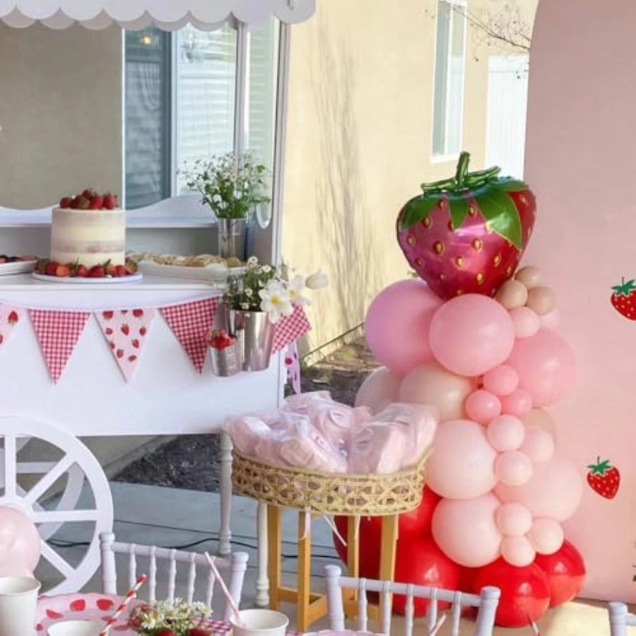 D156pcs Strawberry Balloon Arch Garland Kit With Red Pink Double Layer Apricot Balloons And 18 Inch Strawberry Foil Balloons For Sweet Girl Berry 1st Birthday Baby Shower Party Decorations