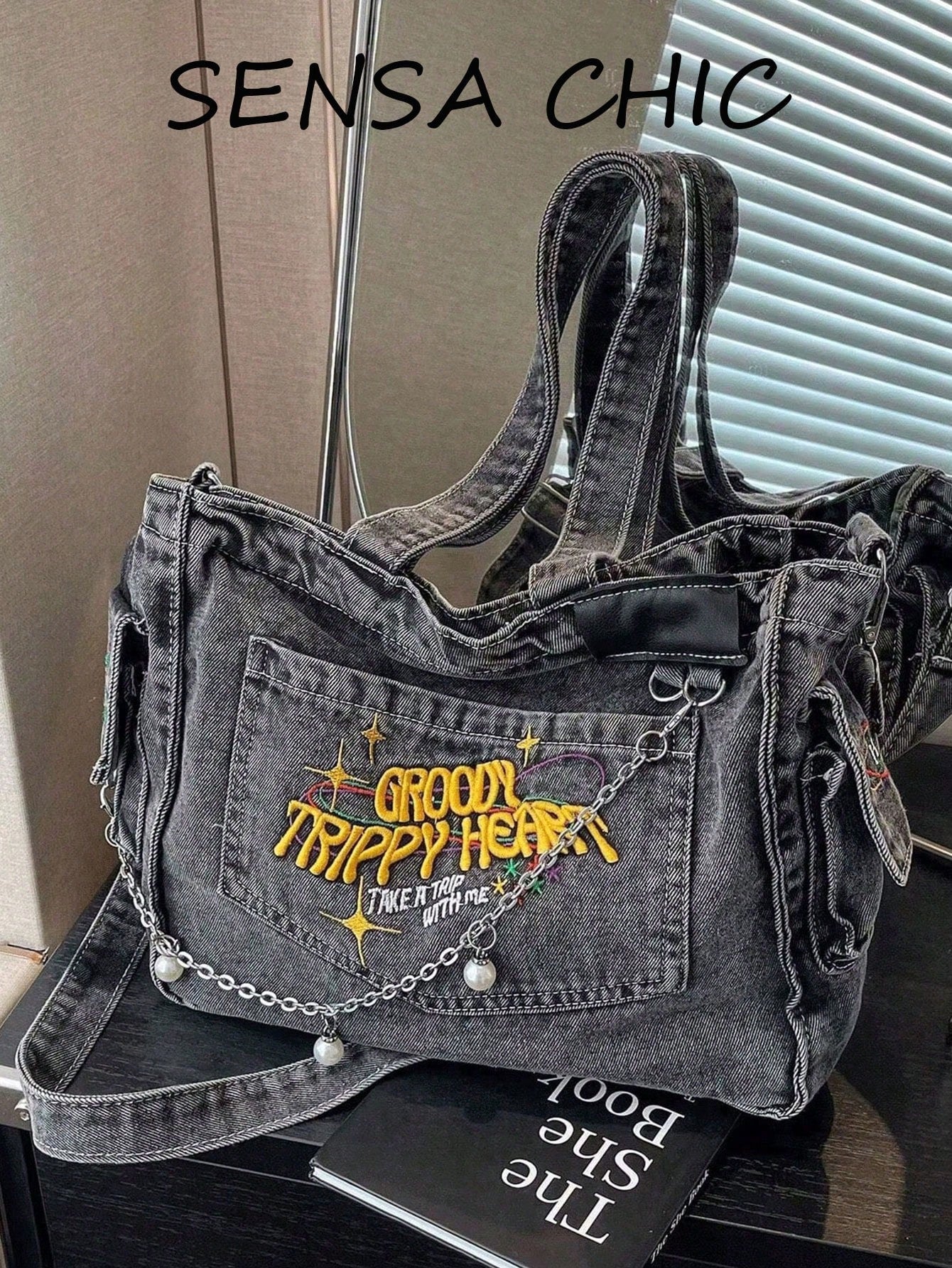 Deep Blue Front Pocket Letter Embroidery, Nameplate & Rivet Pocket Detail Decor, Extra Large Capacity Can Store Textbooks, Notebooks, Water Bottles, Laptops And Other Travel Items, Open Top Easy Acces