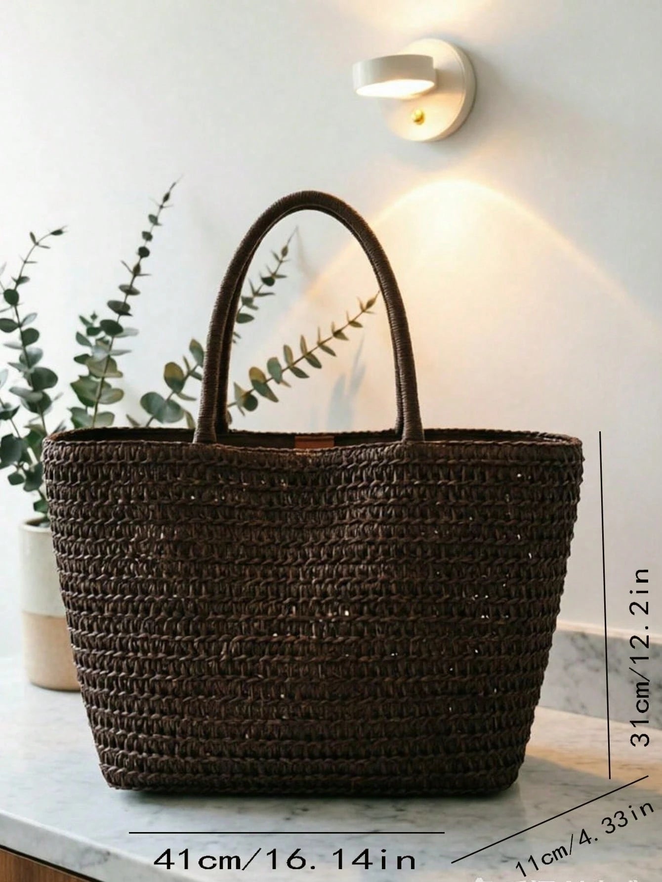 Deep Brown Woven Tote Bag, Integrated Thick Woven Shoulder Strap, Minimalist Summer Vacation Shopping Bag, Essential For Beach And Travel Enthusiasts In Spring And Summer, Perfect For Beach Trips, Pic