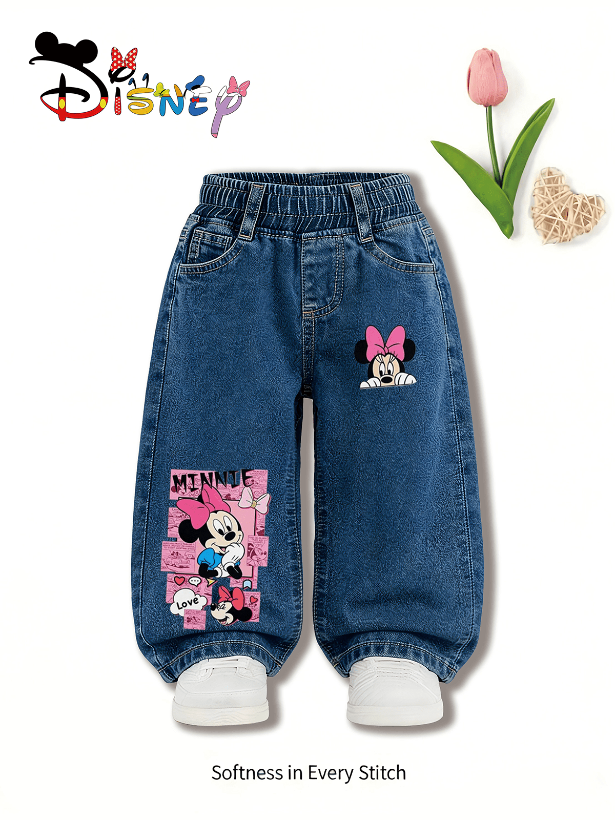 Disney Summer Casual Girls' Jeans With Minnie Mouse Print, Comfortable Fabric, Ideal For Daily Wear, Outdoor Activities, Parties, Perfect Gift For Kids