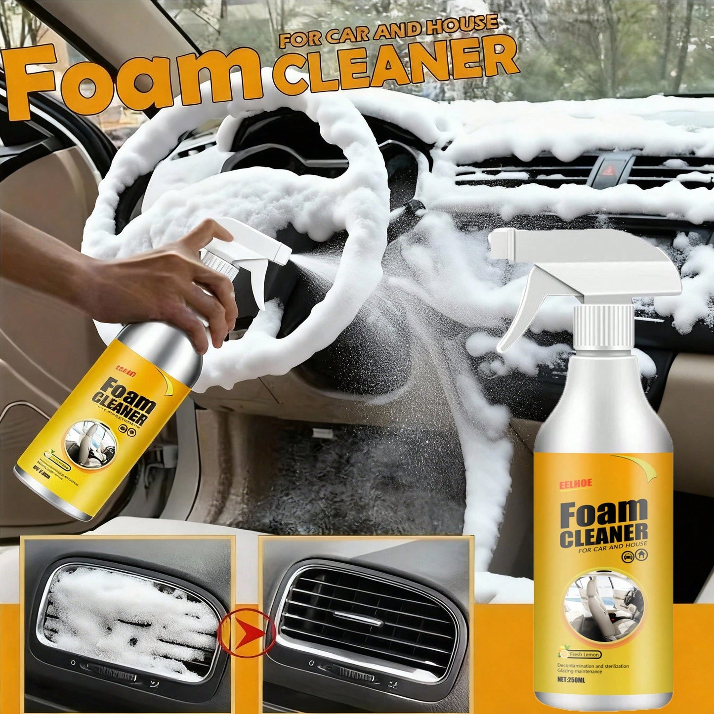 EELHOE Foam Cleaner Multi-Surface Upholstery Cleaner Car Interior Seats Stain Remover Odor Eliminator No-Rinse Formula Quick Dry