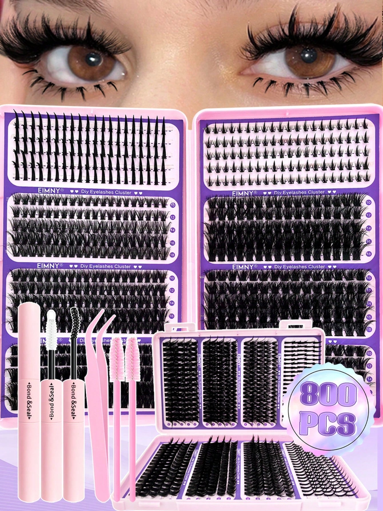 Eimny 800pcs Large Capacity Eyelash Book Set, Spiky Cartoon Style Eyelash Clusters, 40 Rows Russian Volume Curly Lashes With Bottom Lashes And Spikes, 40D To 120D, 2-In-1 Bonding Sealing Tweezers And