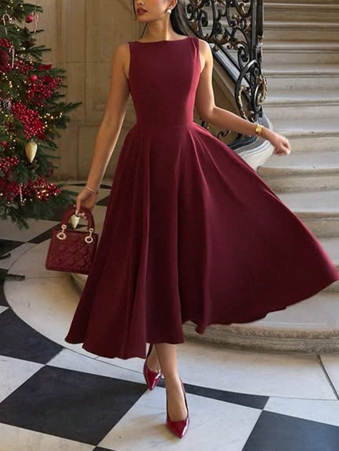 Elegant French Romantic Backless Hollow-Out Cinched Waist Sexy Charming Dress, Burgundy, Suitable For Christmas, Holiday Party, Date Summer