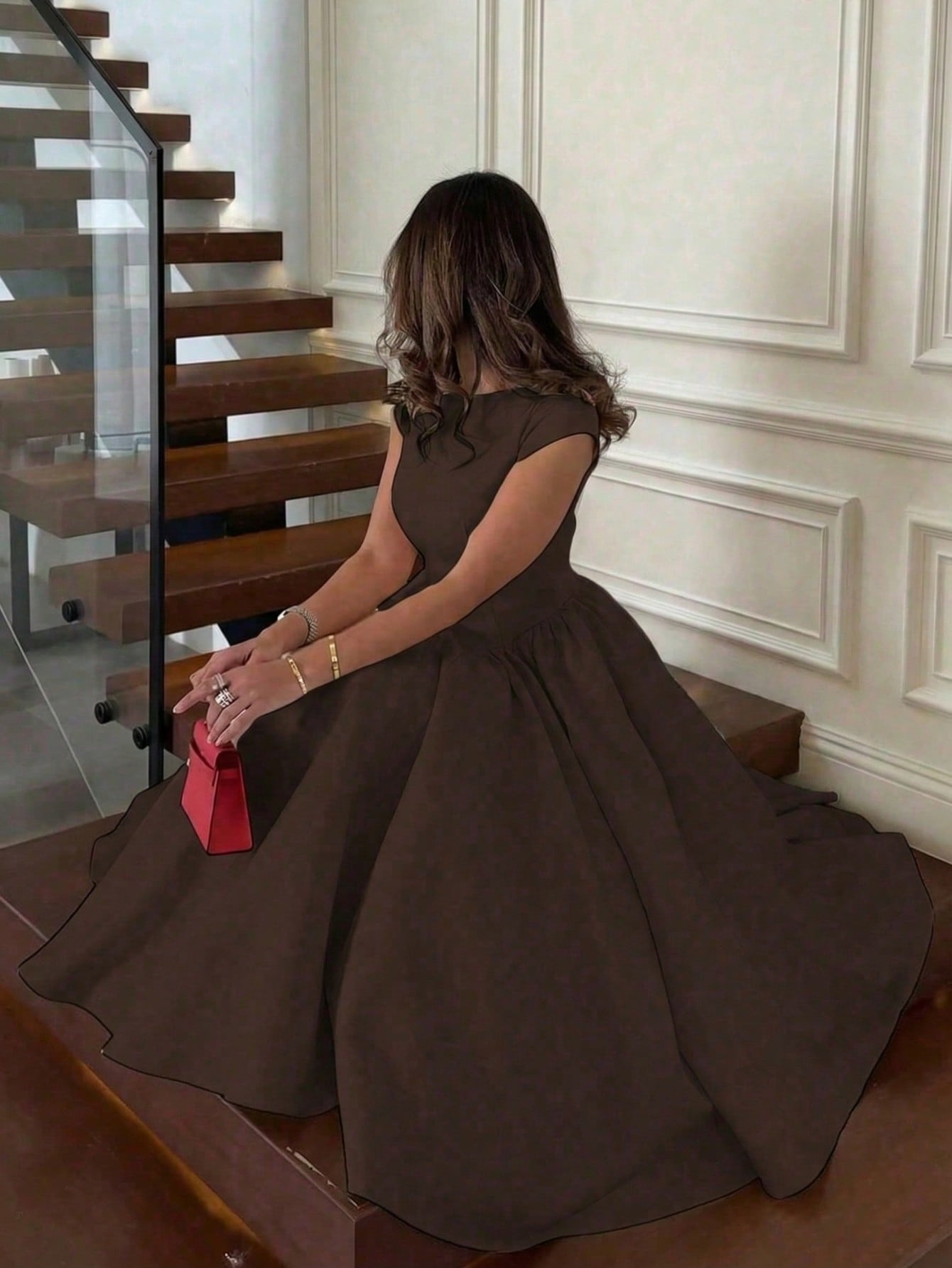 Elegant Minimalist Fashion Casual Retro Flared Short Sleeve Solid Color Pleated Zipper Women's Long Dress Brown Summer