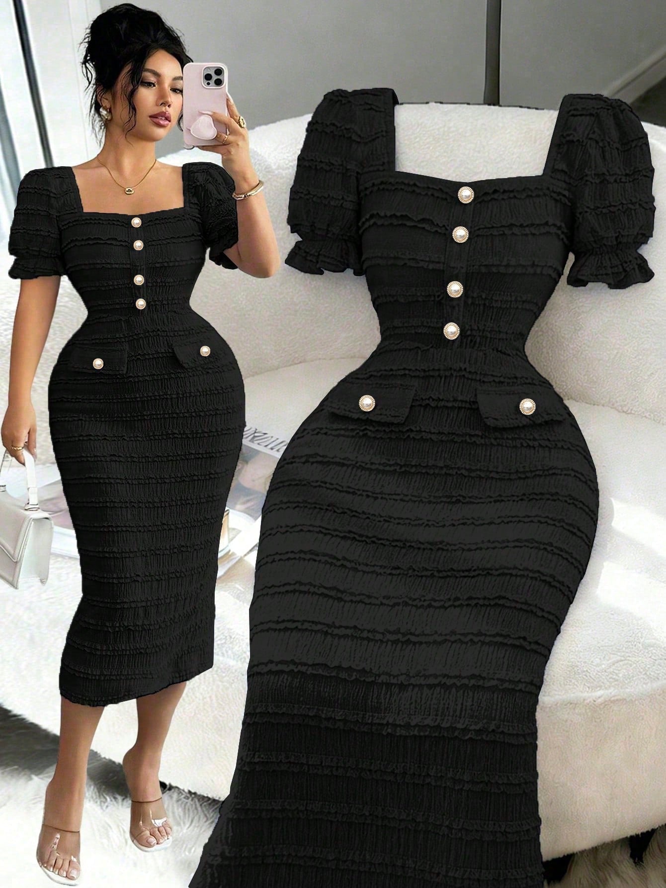 Elenzga New Arrival Square Neck Short Sleeve Textured Knit Midi Dress, Elegant Versatile Fitted Silhouette For Women