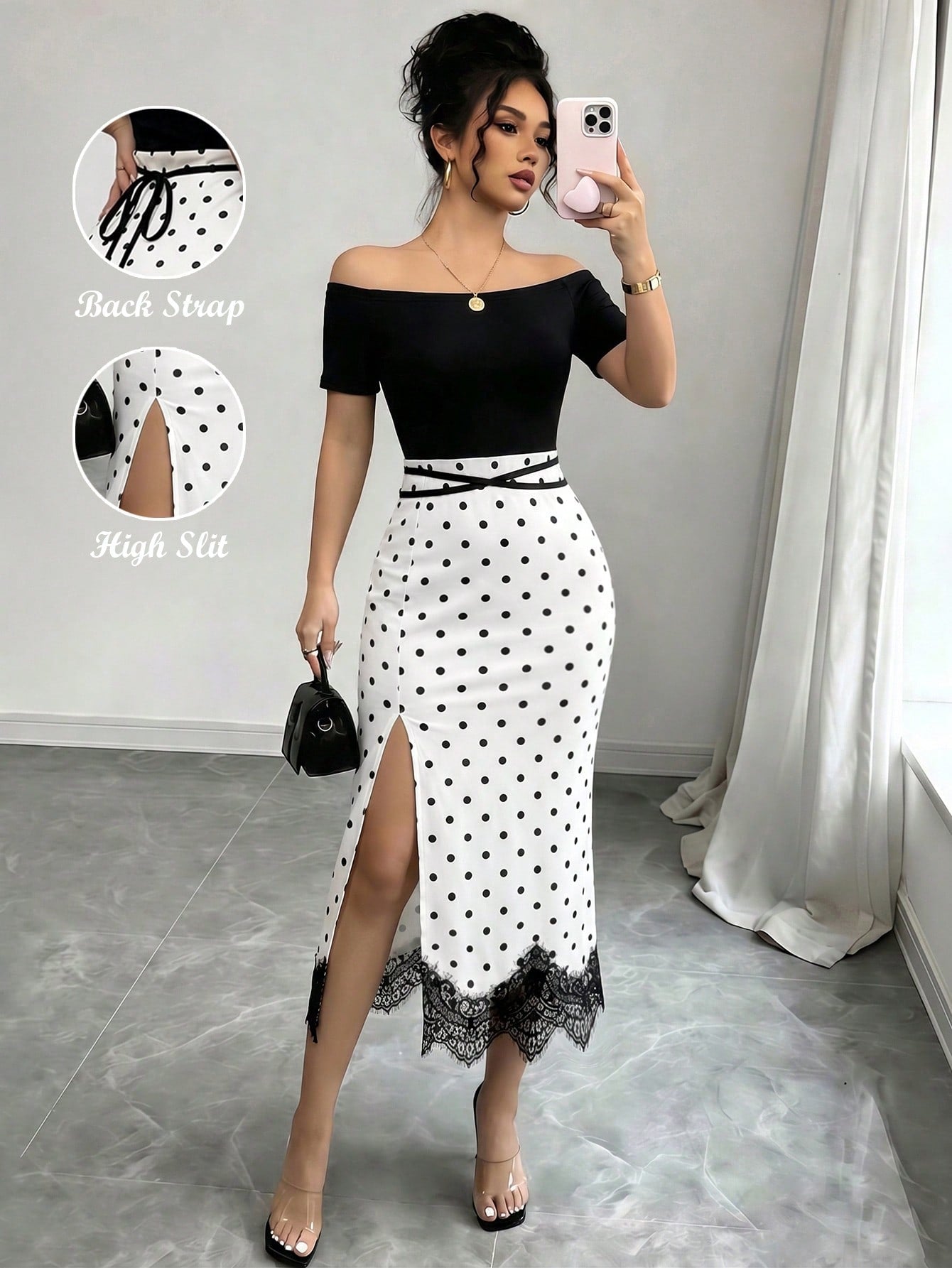 Elenzya Women's Black White Polka Dot 2 In 1 Off Shoulder Midi Dress, Contrast Color High Waist Slim Bodycon Dress, Lace Trim High Slit Hem, Elegant Daily Casual Dress, Dating Vacation Outfit, O