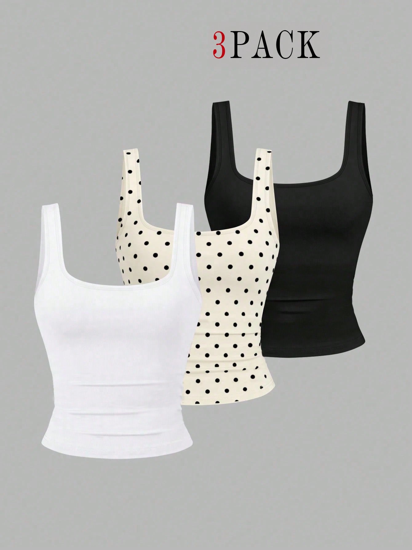 EMERY ROSE 3pcs Plus Size Women's Casual Solid Color & Polka Dot Printed Pattern Sleeveless Vest Set, Tank Top