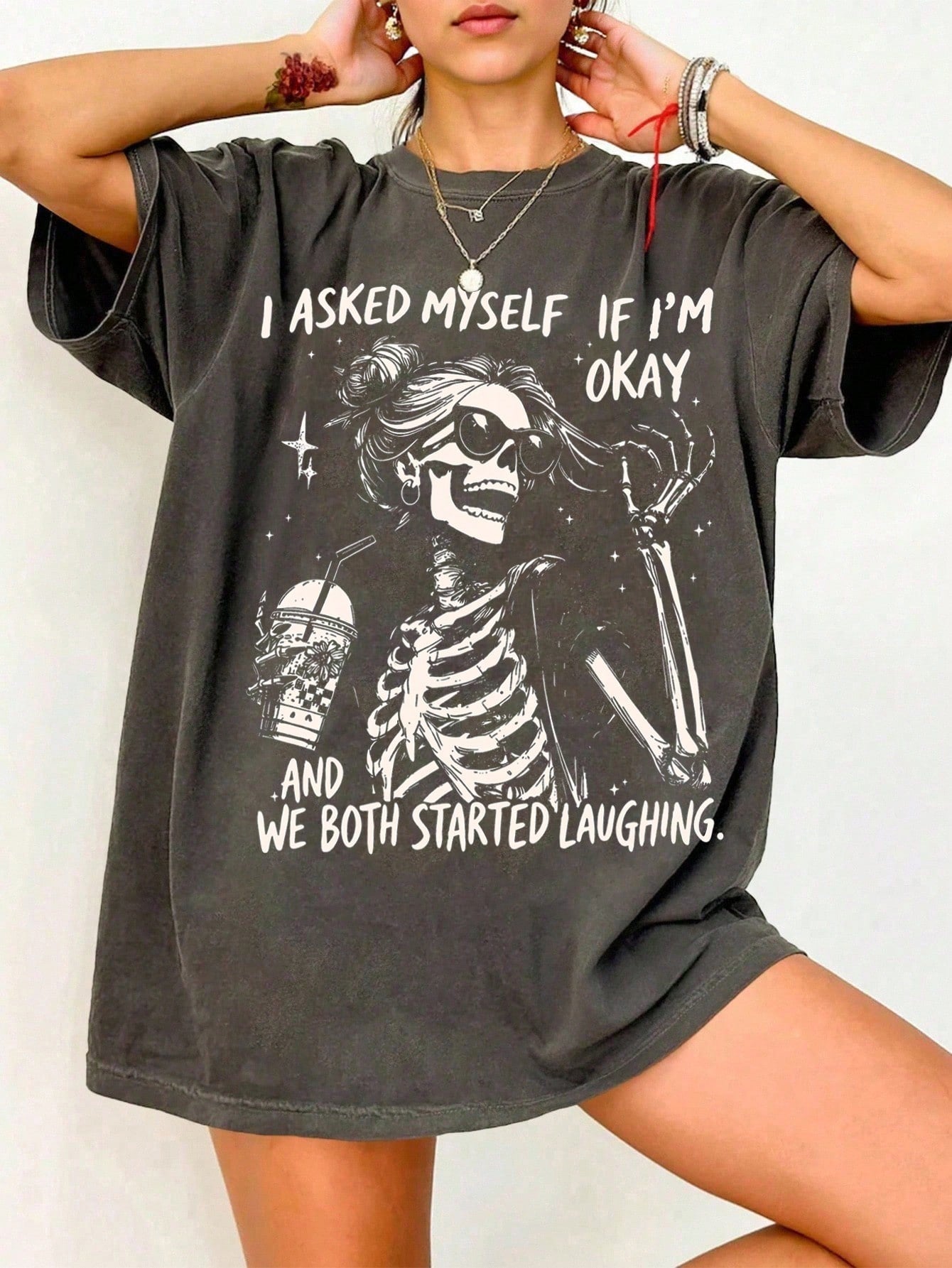 EMERY ROSE I Asked Myself If I'M Okay Skeleton T-Shirt, Snarky Sarcastic Funny Mental Health Shirt, Vintage Distressed Graphic Tee,Graphic Tees Women Tops
