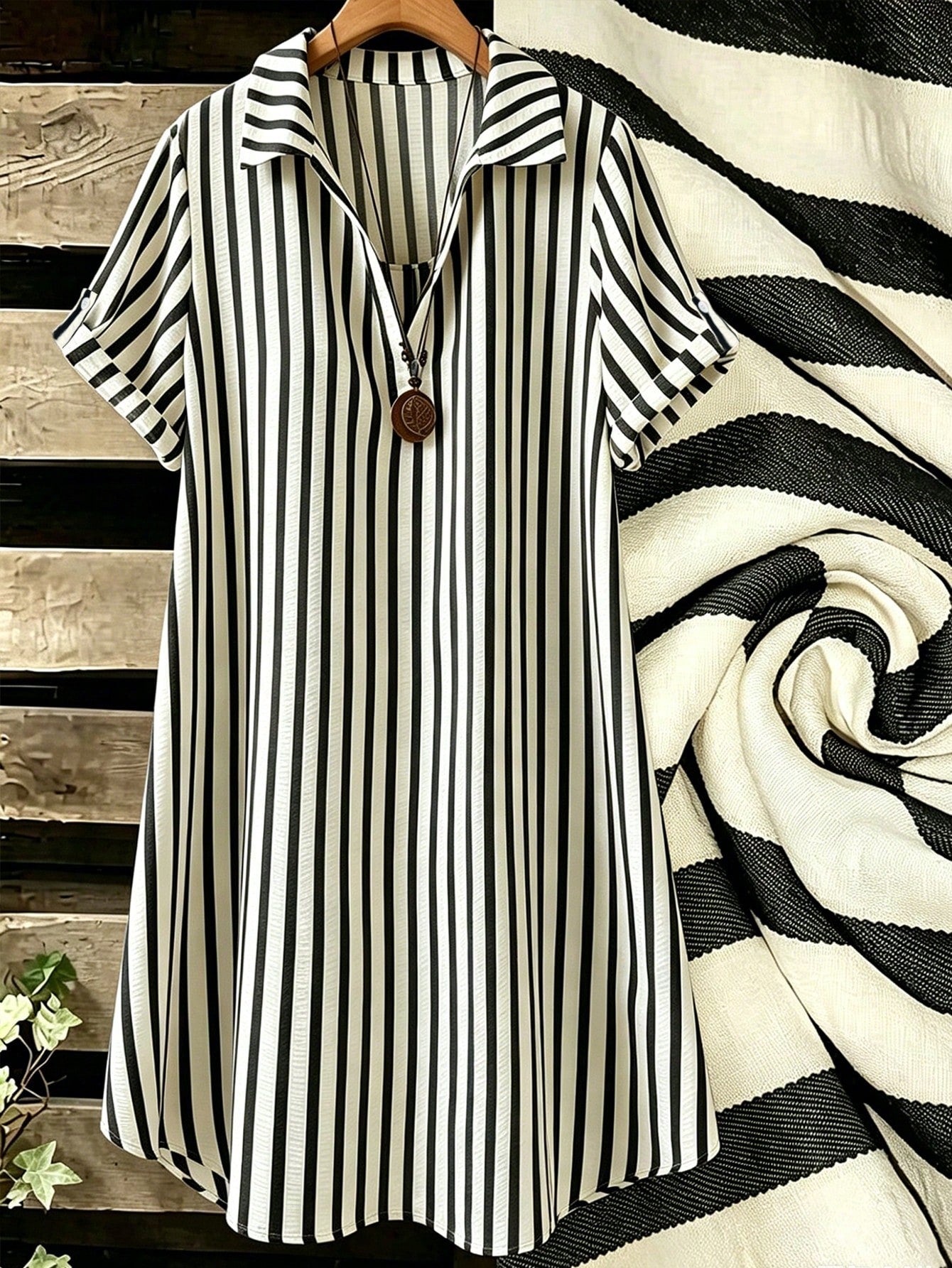 EMERY ROSE New V-Neck Striped Loose Casual Long Button-Down Women's Dress