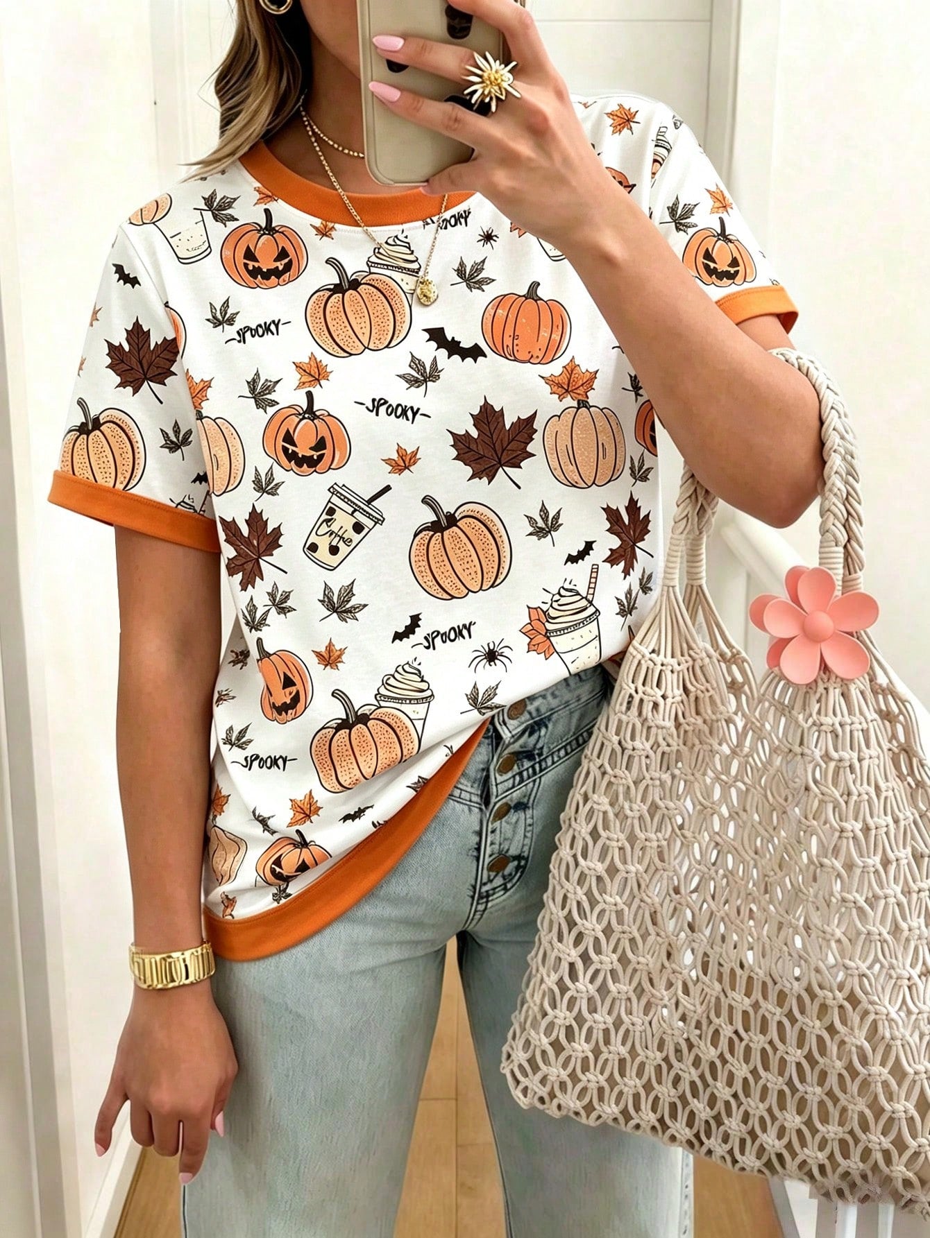 EMERY ROSE Women's Pumpkin Print Crew Neck Short Sleeve T-Shirt, Halloween T-Shirt, Summer