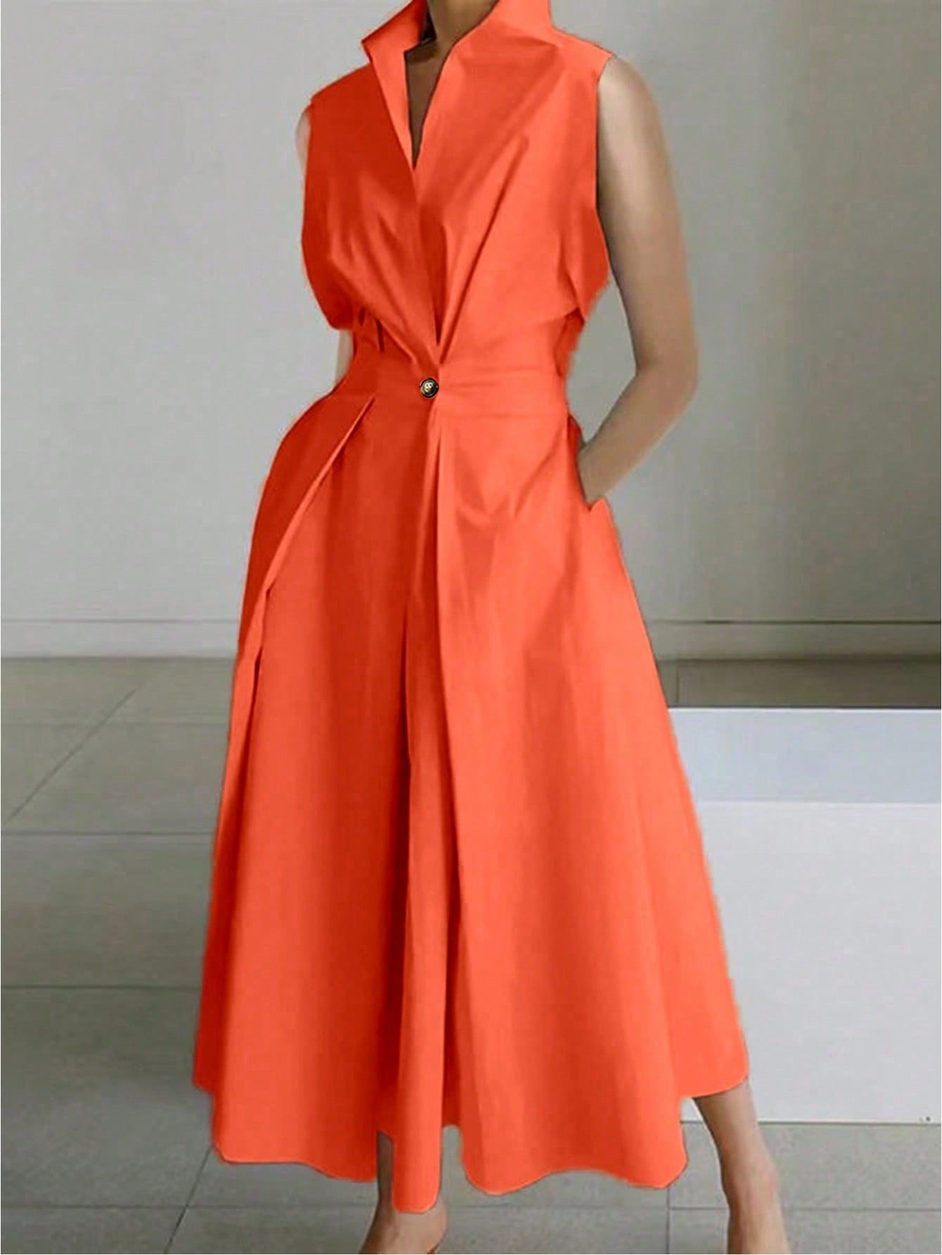 EMERY ROSE Women's Solid Color Minimalist Daily Wear Stand Collar Sleeveless A-Line Dress Maxi Women Outfit