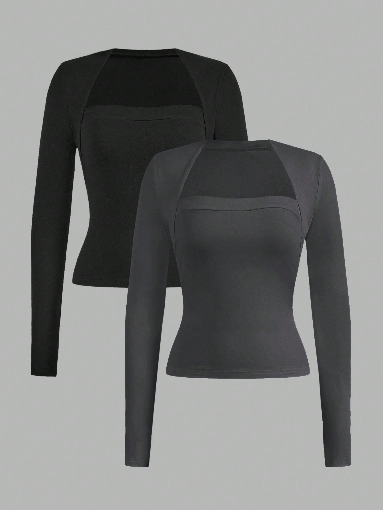 EZwear 2pcs Set Casual Minimalist Long Sleeve Plus Size T-Shirts, Black & Gray, Autumn/Winter Fall