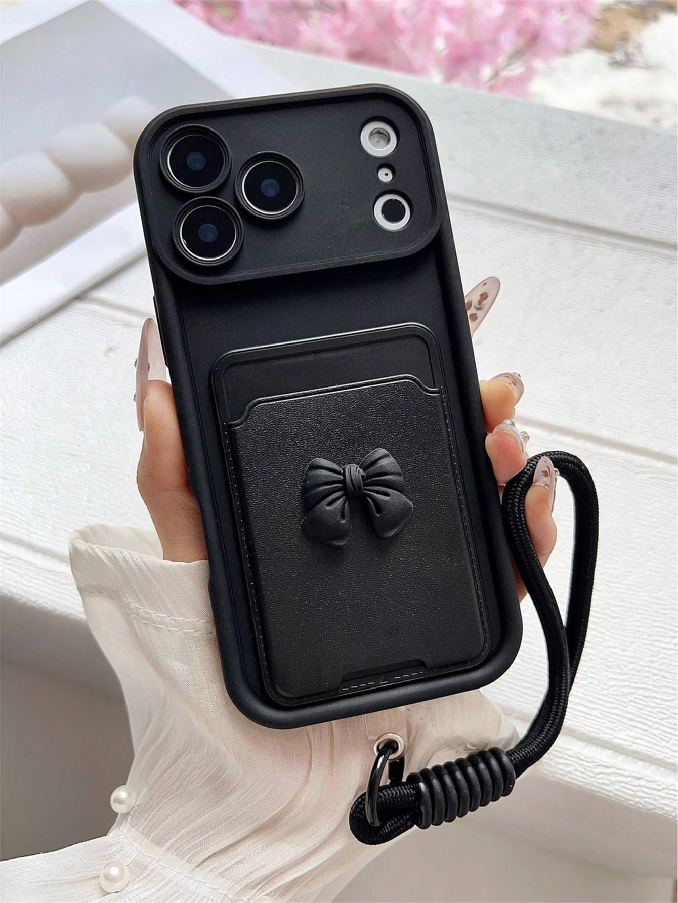 Fashionable Elegant Minimalist Practical Convenient Bow Card Holder Tiered Diamond Sand Phone Case With Lanyard Anti-Slip Anti-Drop Durable Wear-Resistant Protective Shell Compatible With Apple 17/17P