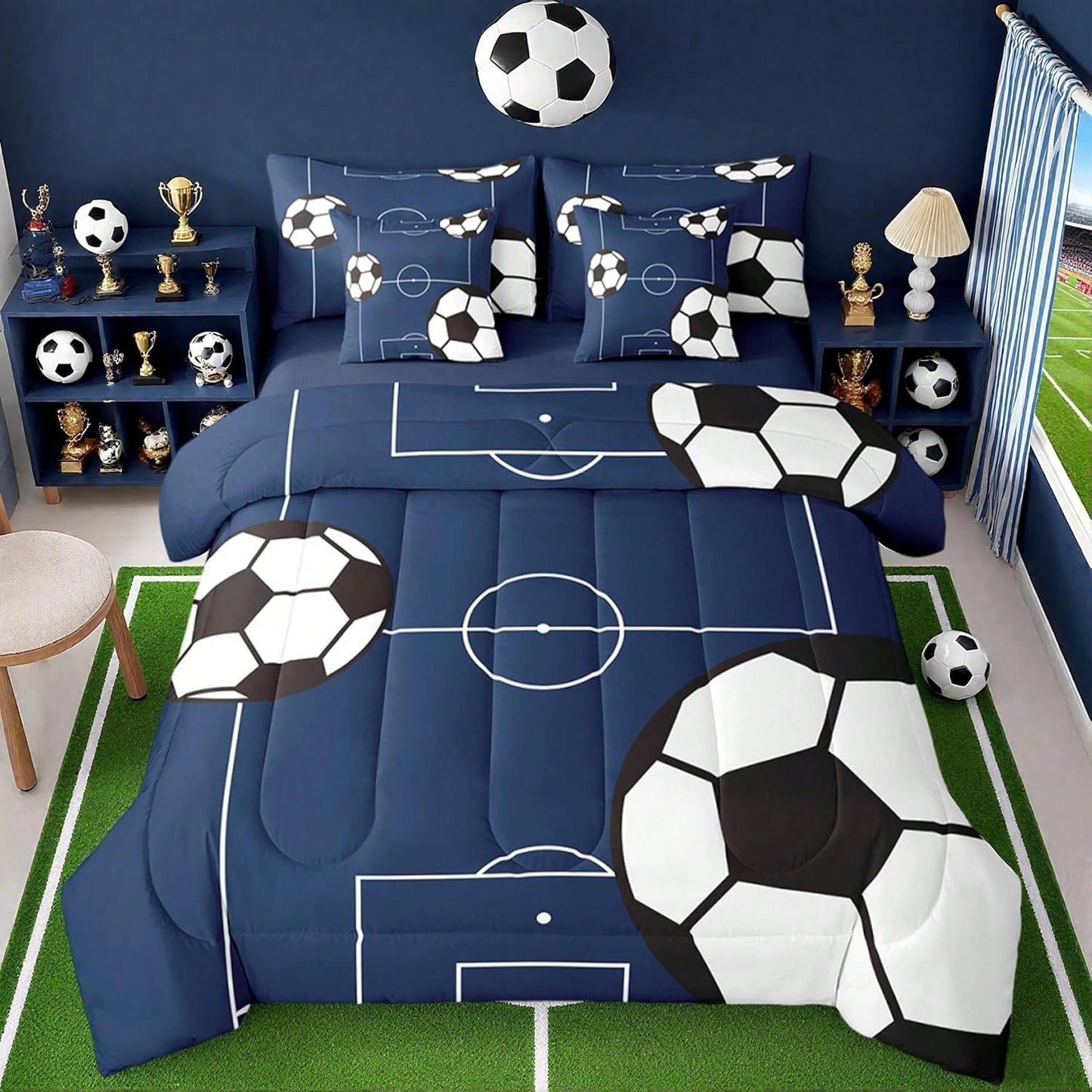 Feelyou 7pcs Football Comforter Set,Soccer Ball Pattern Bedding Set,Include 1 Comforter+1 Flat Sheet+1 Fitted Sheet+2 Pillowcases+2 Pillowsham,For Twin,Full,King,Queen Bed Sizes,Bed In A Bag,Super Sof