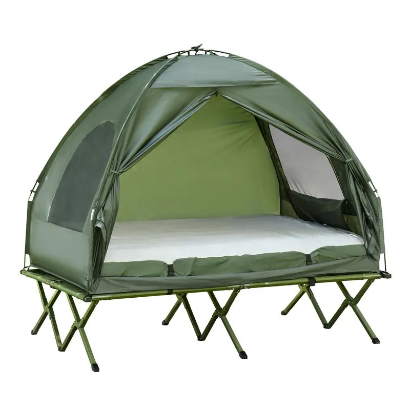 #Summervibes Outsunny 1/2 Person Foldable Camping Cot with Tent, Bedspread, Thick Air Mattress, 4-In-1 Elevated Camping Bed for Outdoor Hiking, Picnic, Travel,summerwins