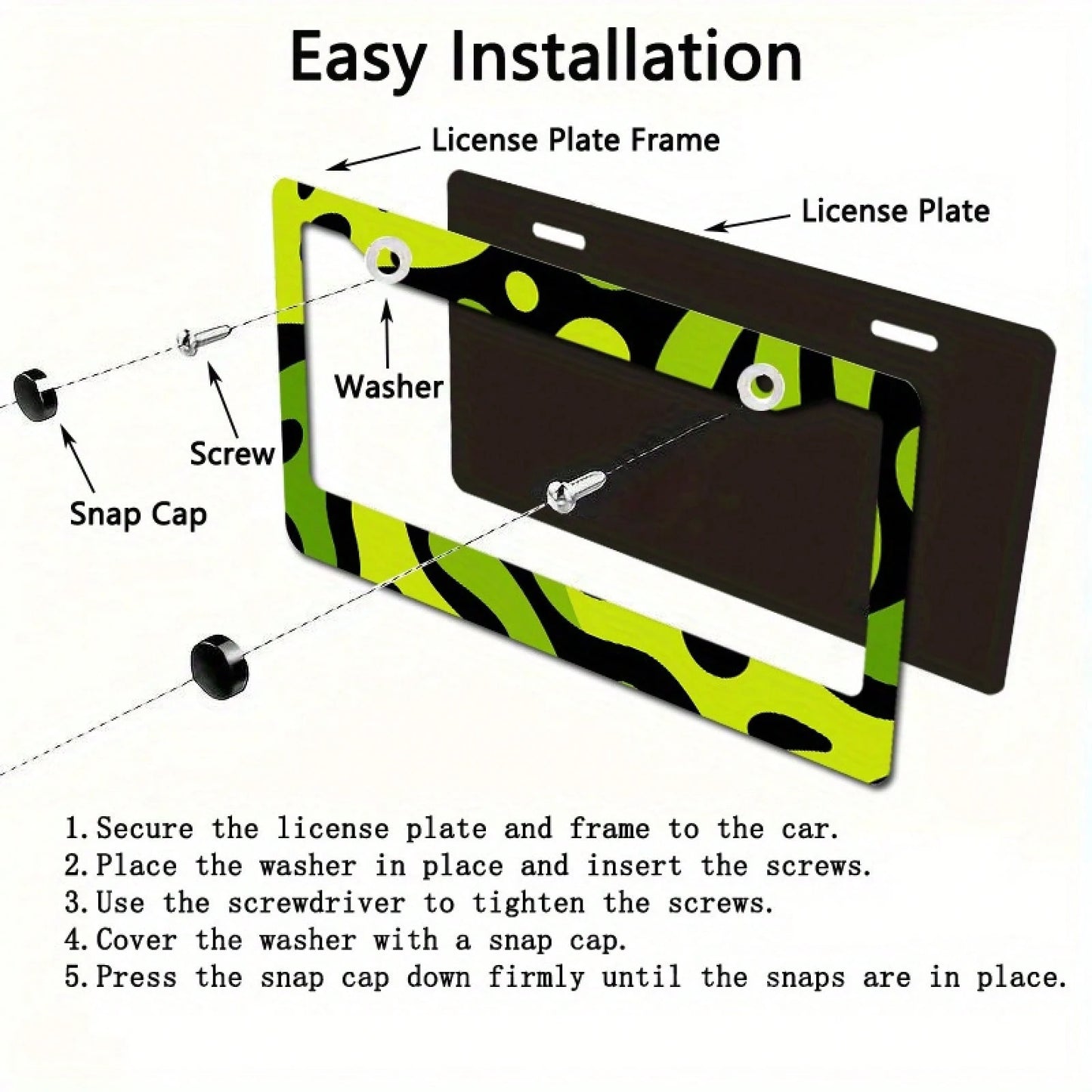 Fit 2D Flat Metal License Plate Frame Cover- Green Neon Lime & Black Abstract Plate Protector With Yellow/Green/White/Grey Options, Easy Bolt-On Installation For US/UK/EU Vehicles, Scratch- License P