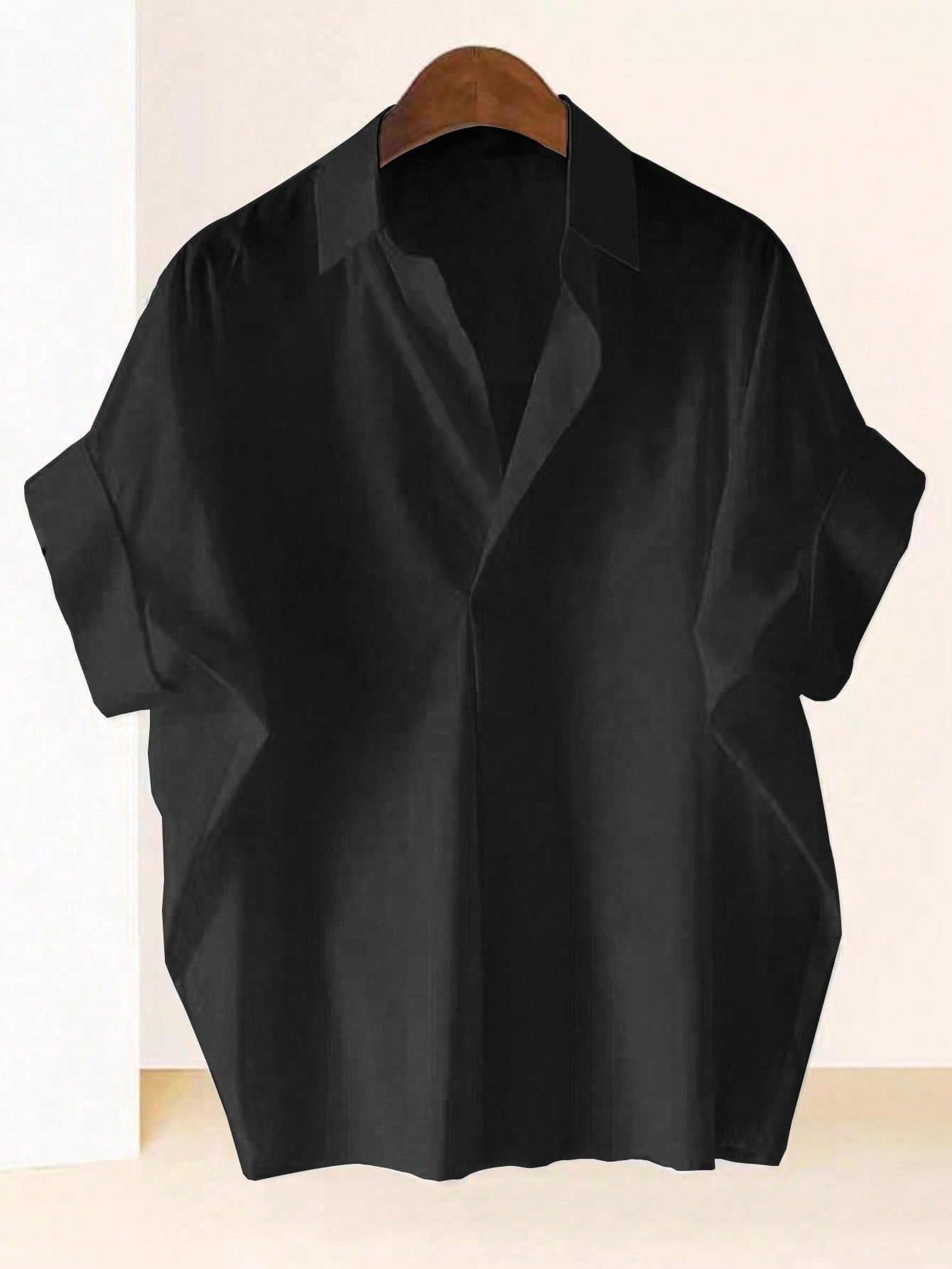 Franclia Fashionable High-End French Design Loose Batwing Sleeve Lapel Collar Women Shirt, Black Blouse