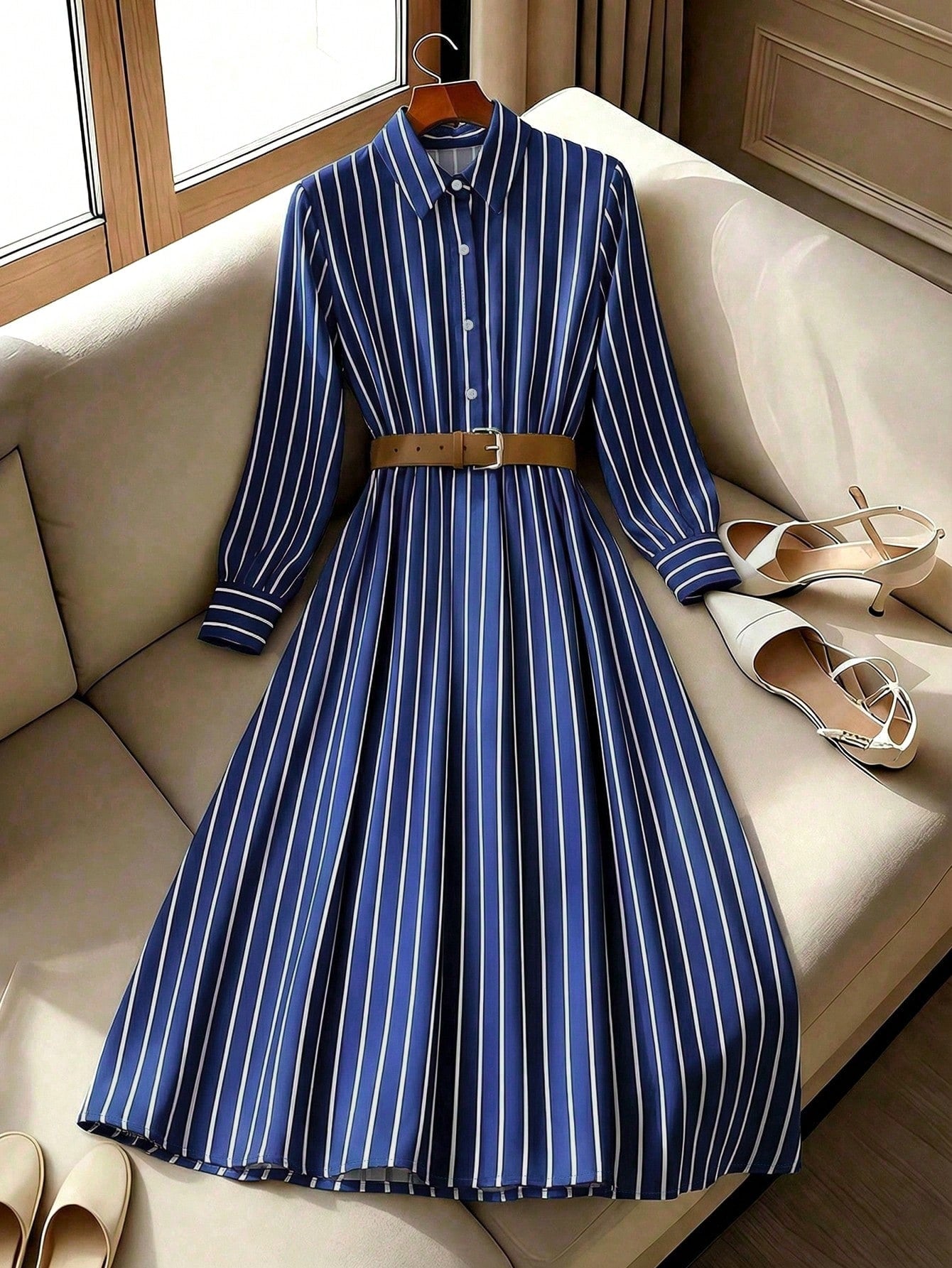 Franclia Women's Navy Blue Striped Woven Fabric Long Sleeve Midi Dress Casual Flared Hem Shirt Dress