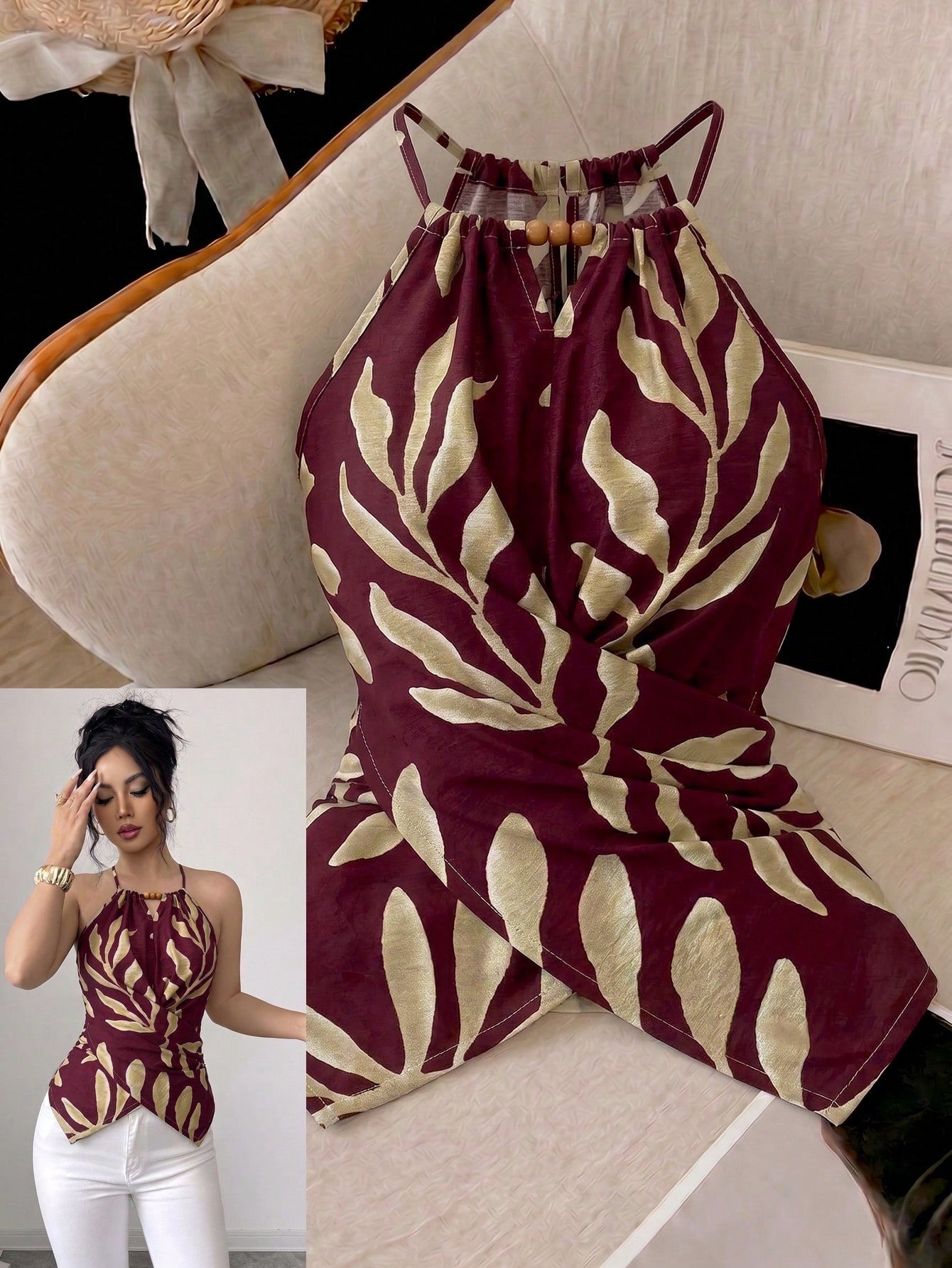 GlowEve CURVE Plus Size Women's Spring/Summer Elegant Commuter Casual Apricot Leaf Print Sleeveless Halter Neck Bow Tie Neckline Wooden Bead Decor Asymmetric Hem Waist Cross Tie Design Fitted Slimming