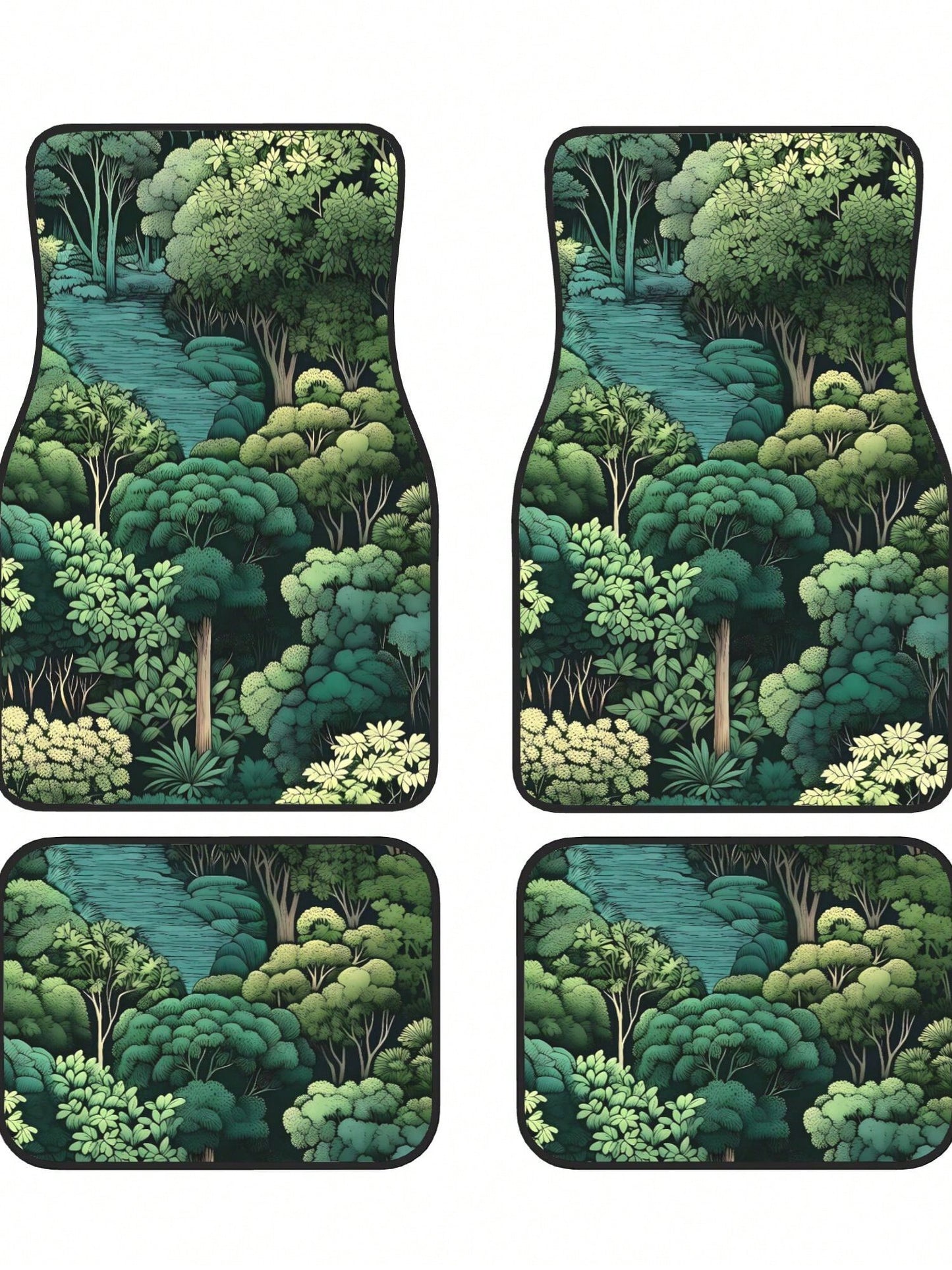 Green Forest Woodland Mountain Botanical 4-Piece Custom Printed All-Weather Floor Mats- Universal Fit For Suv, Truck, Van| Easy Clean