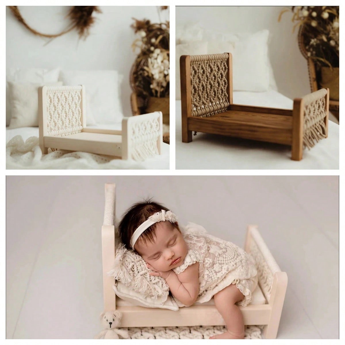 Handmade Wooden Baby Photography Props, Newborn Posing Basket Woven Cot Shoot Photo Studio Accessories