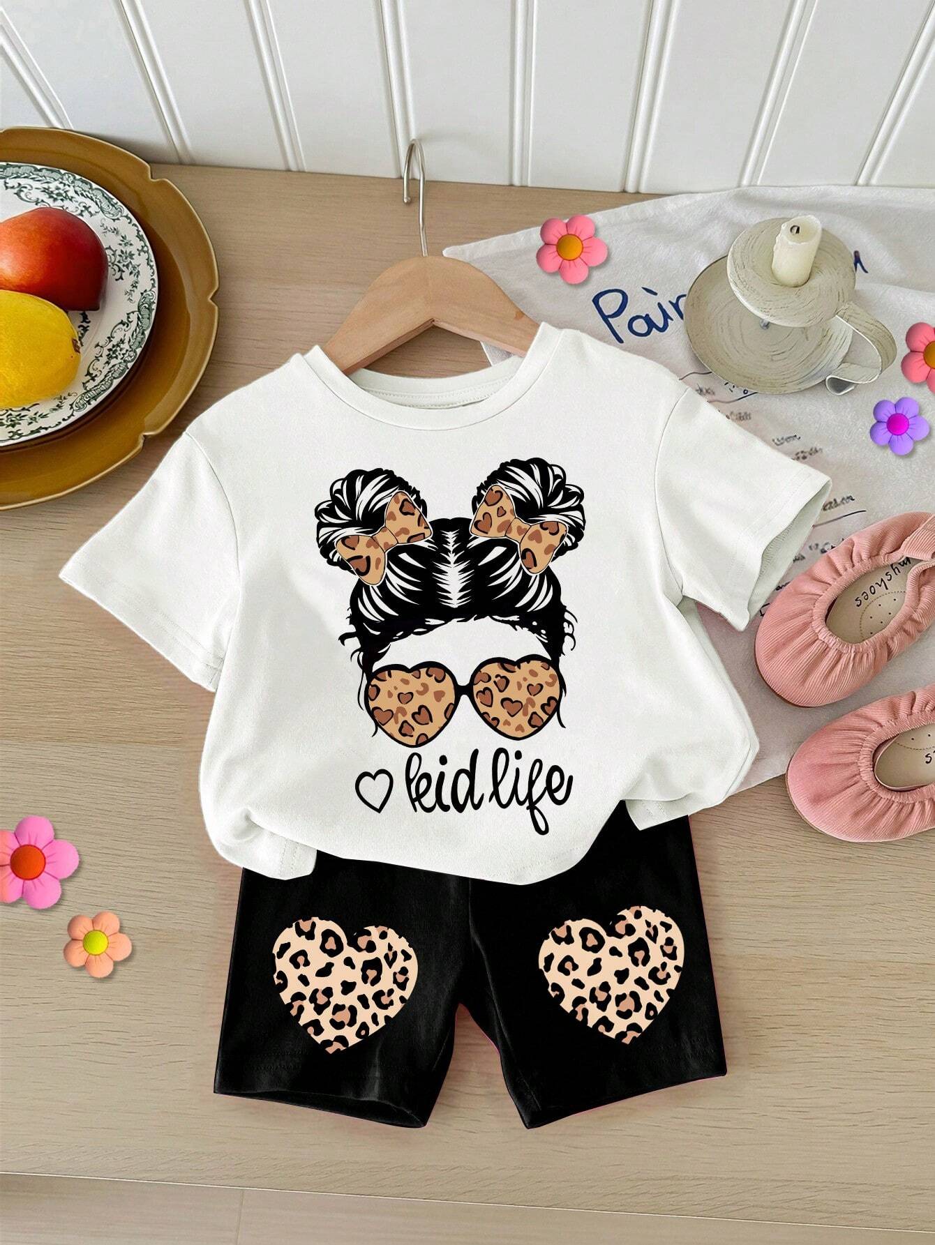 Happikins Cool Girl, Leopard Heart, Cute Girl, Baby Girl Casual Simple Round Neck Short Sleeve Outfit Suitable For Spring And Summer