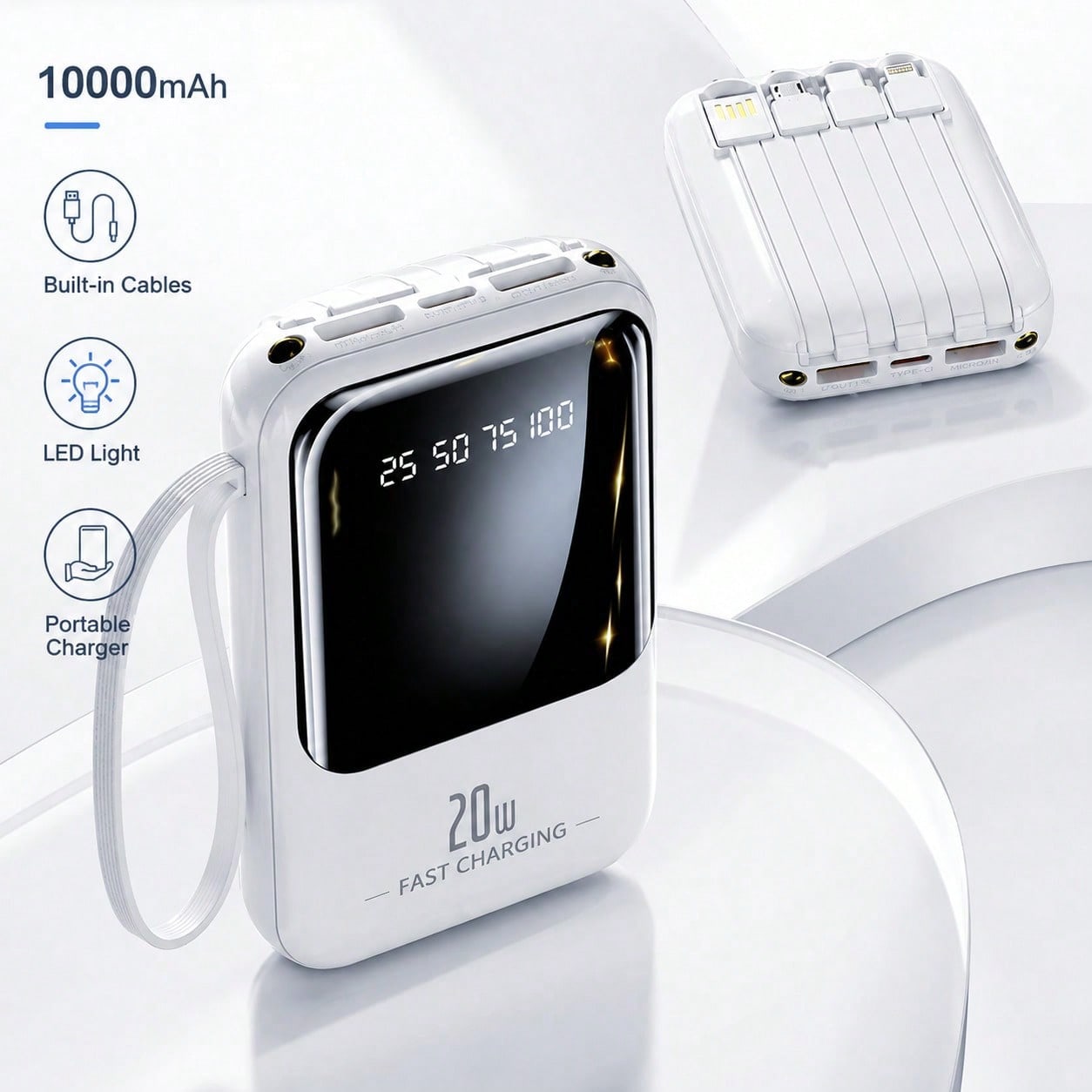 hoco. Detachable Cable Design 10000mAh Portable Power Bank With Removable Charging Cables, Fast Charging Battery Pack And Digital Power Display, Pocket Size Phone Charger For Commuting, Office Use, Ro