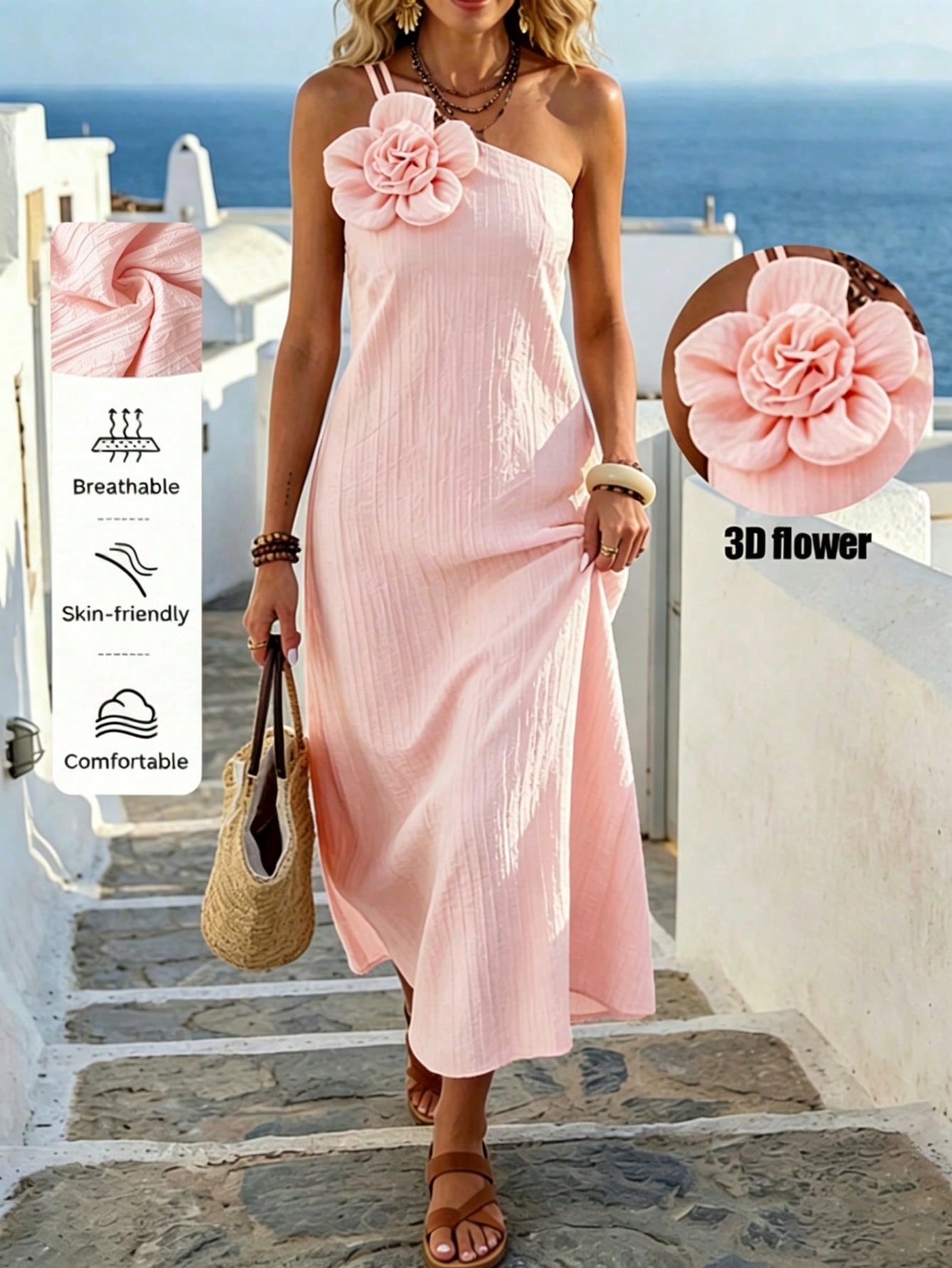 Holidaya Women's Cream Yellow Elegant One-Shoulder 3D Flower Decor Midi Dress, Suitable For Travel, Vacation, And Dating