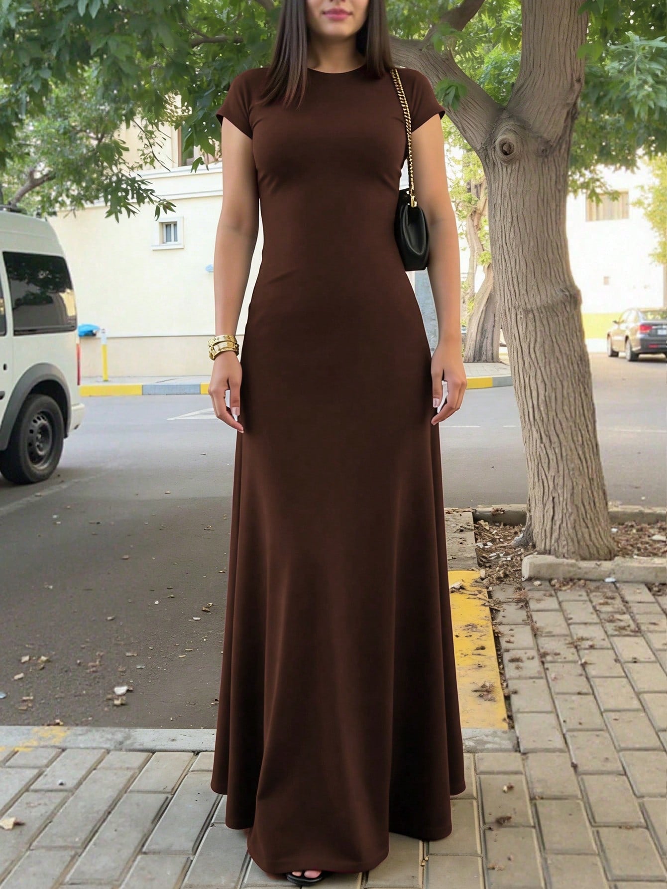 INAWLY Solva Women's Solid Color Round Neck Elegant Waist Cinched Long Party Dress