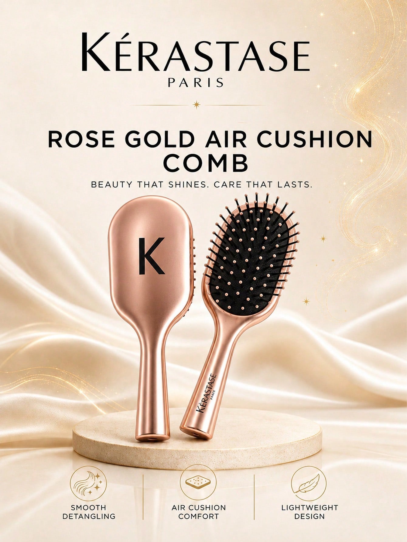 Kérastase Rose Gold Air Cushion Brush 17*6cm, Soothing Scalp And Anti-Static, Elastic Cushion For Smooth Hair Without Pulling, Suitable For Home, Travel, Daily Hair Care, And Gifting