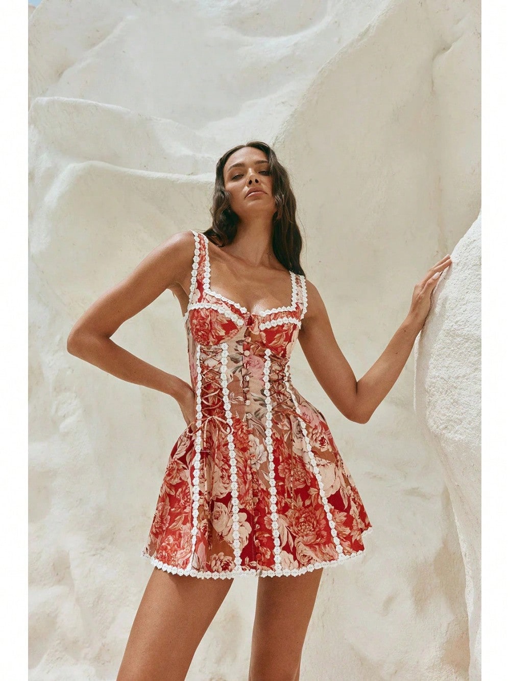 KZKZWK Women's Floral Print Corset Mini Dress, Sweetheart Neck With Lace Trim For Beach & Vacation