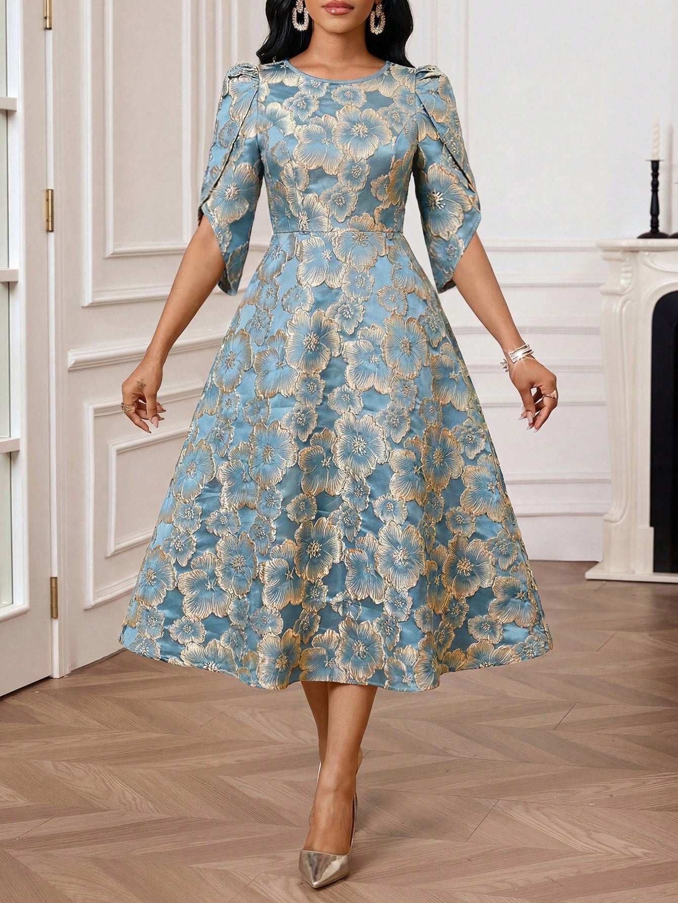 Lady Women's Elegant Mature Jacquard Round Neck Waist Cinched Long Dress, Summer,Dresses For Women Summer Wedding Formal Mother Of The Bride Blue Floral